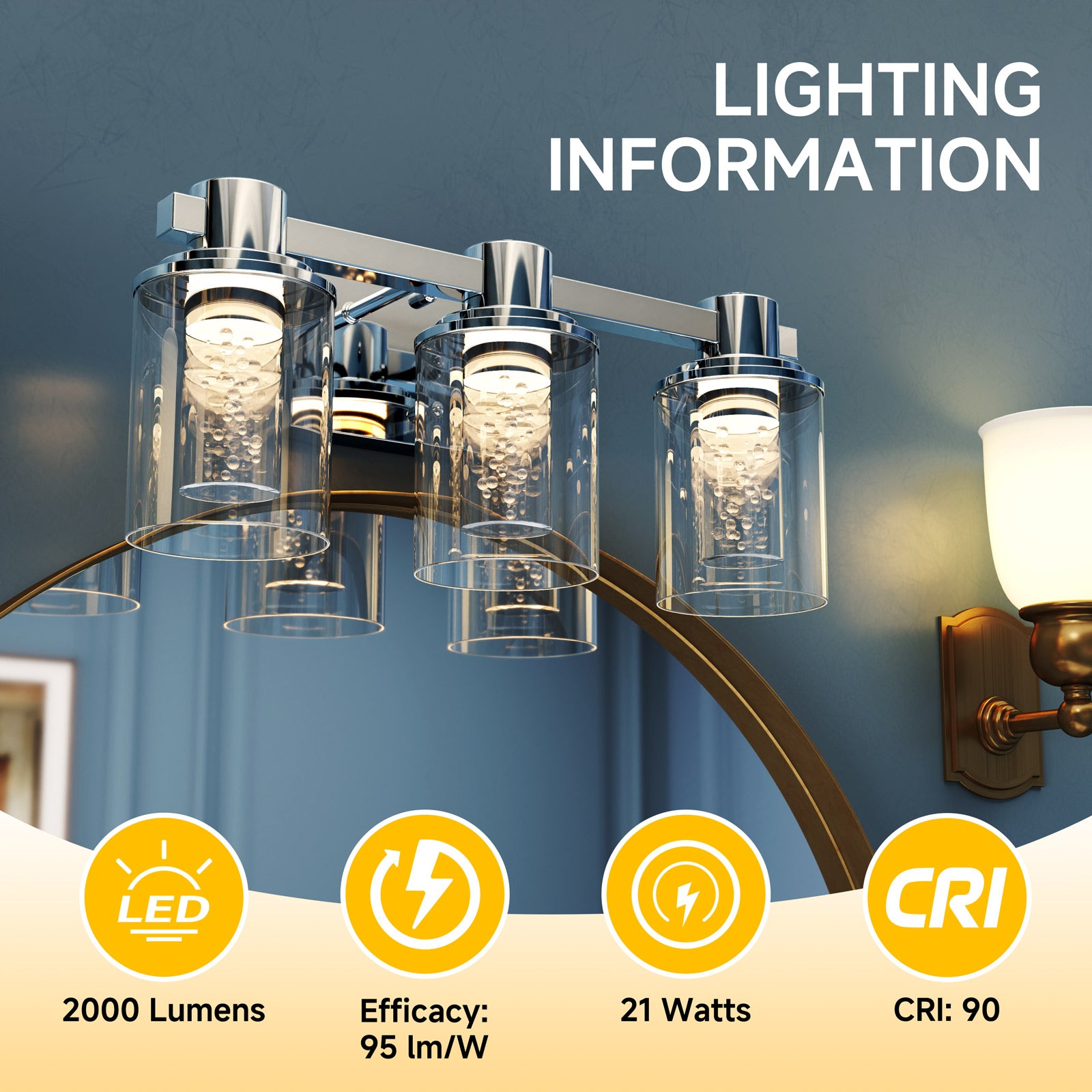 Quntis Aplique de baño moderno de cromo con 3 luces y pantallas de burbujas de cristal – Iluminación elegante para baño y hogar