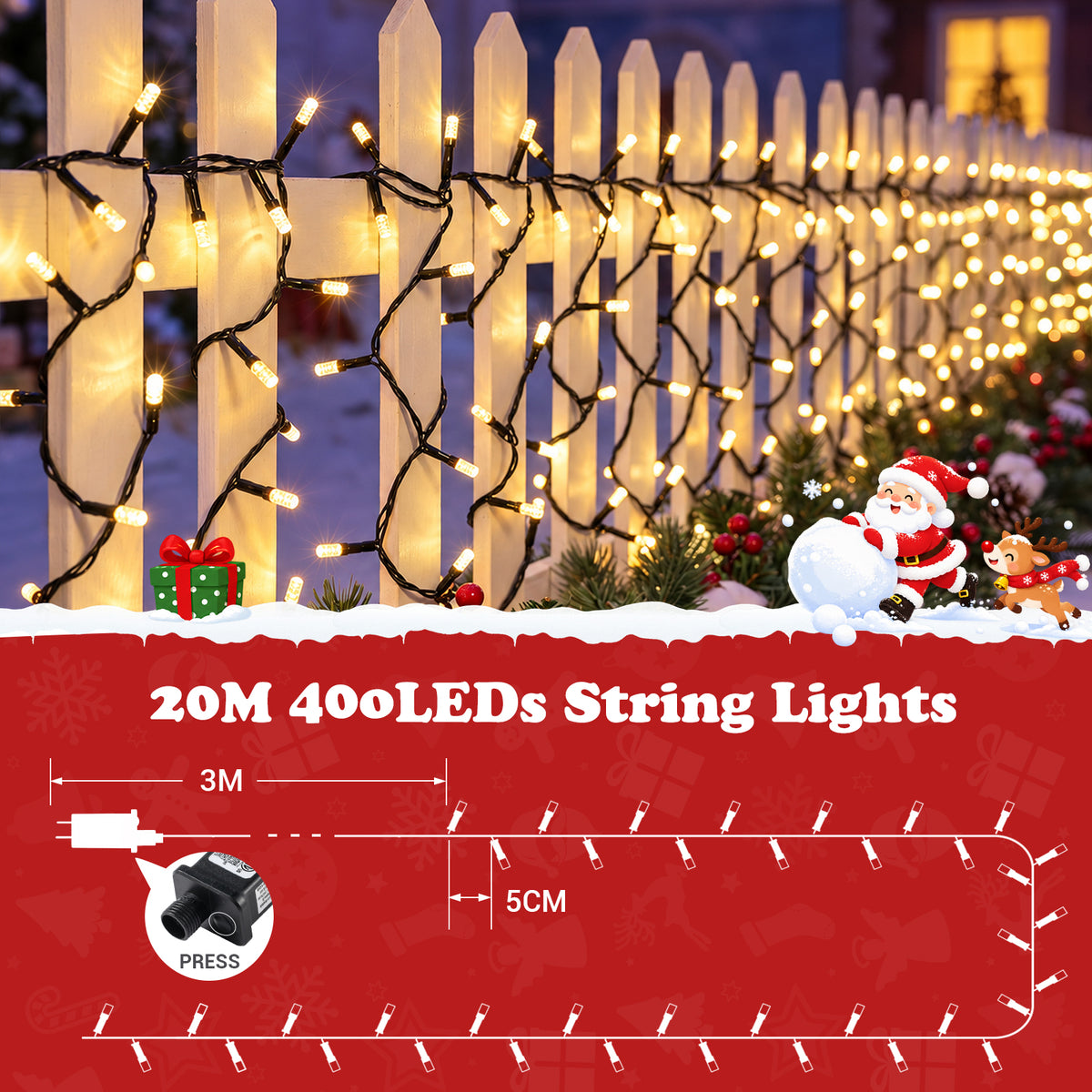 Quntis 65.6ft 400 LED Guirlande lumineuse à bulles, ampoules blanc chaud à sommet plat, câble noir, éclairage de Noël intérieur et extérieur
