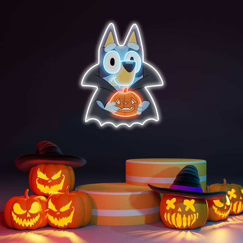Bluey Holding Pumpkin Neon Night Light – Halloween LED Decor for Kids’ Rooms, Playrooms & Festive Halloween Parties