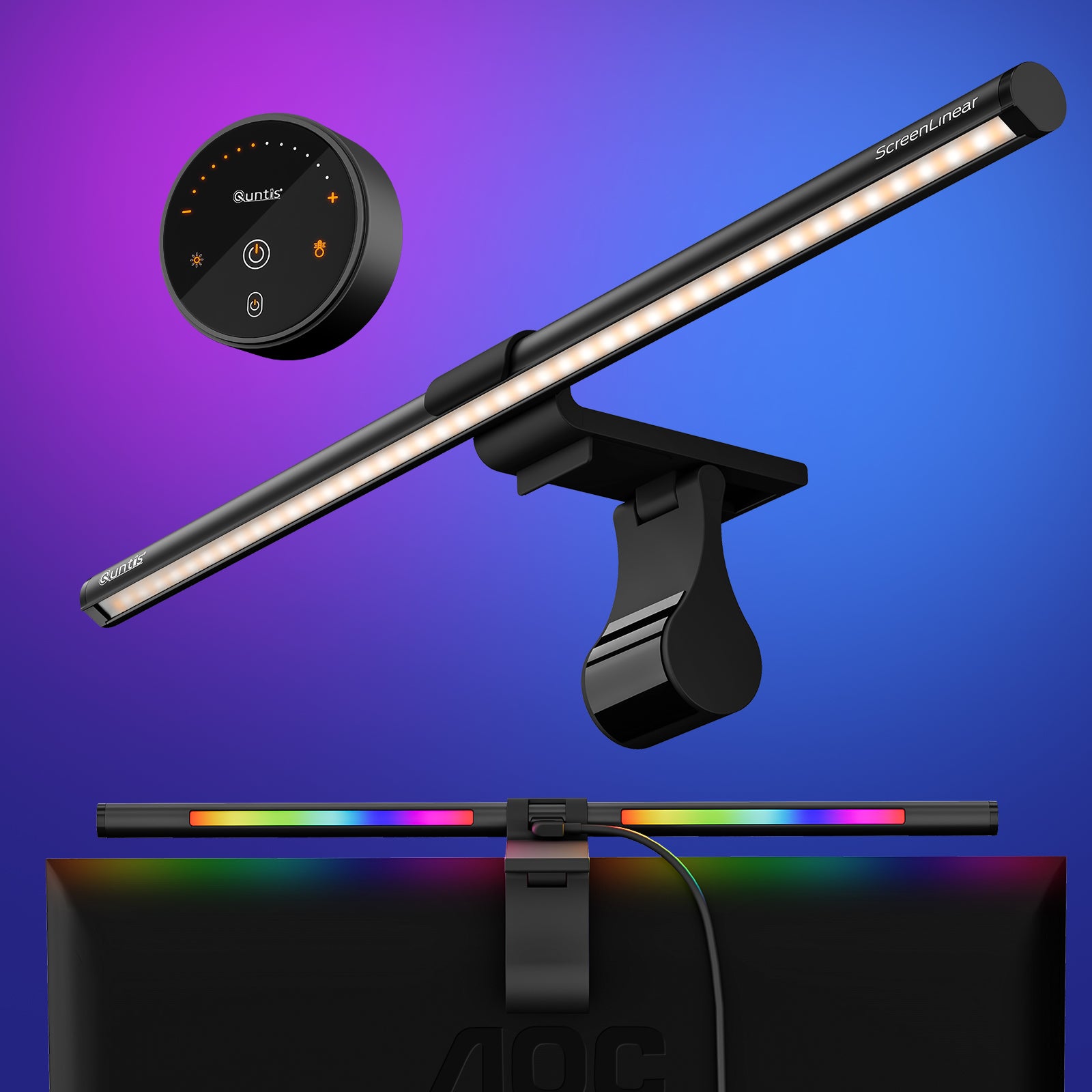 Transform Your Desk Setup with a 20" Quntis LED Monitor Light – Wireless Remote, Eye-Friendly Ra95 Illumination, Ambient RGB Backlighting, and Universal Fit for All Screens
