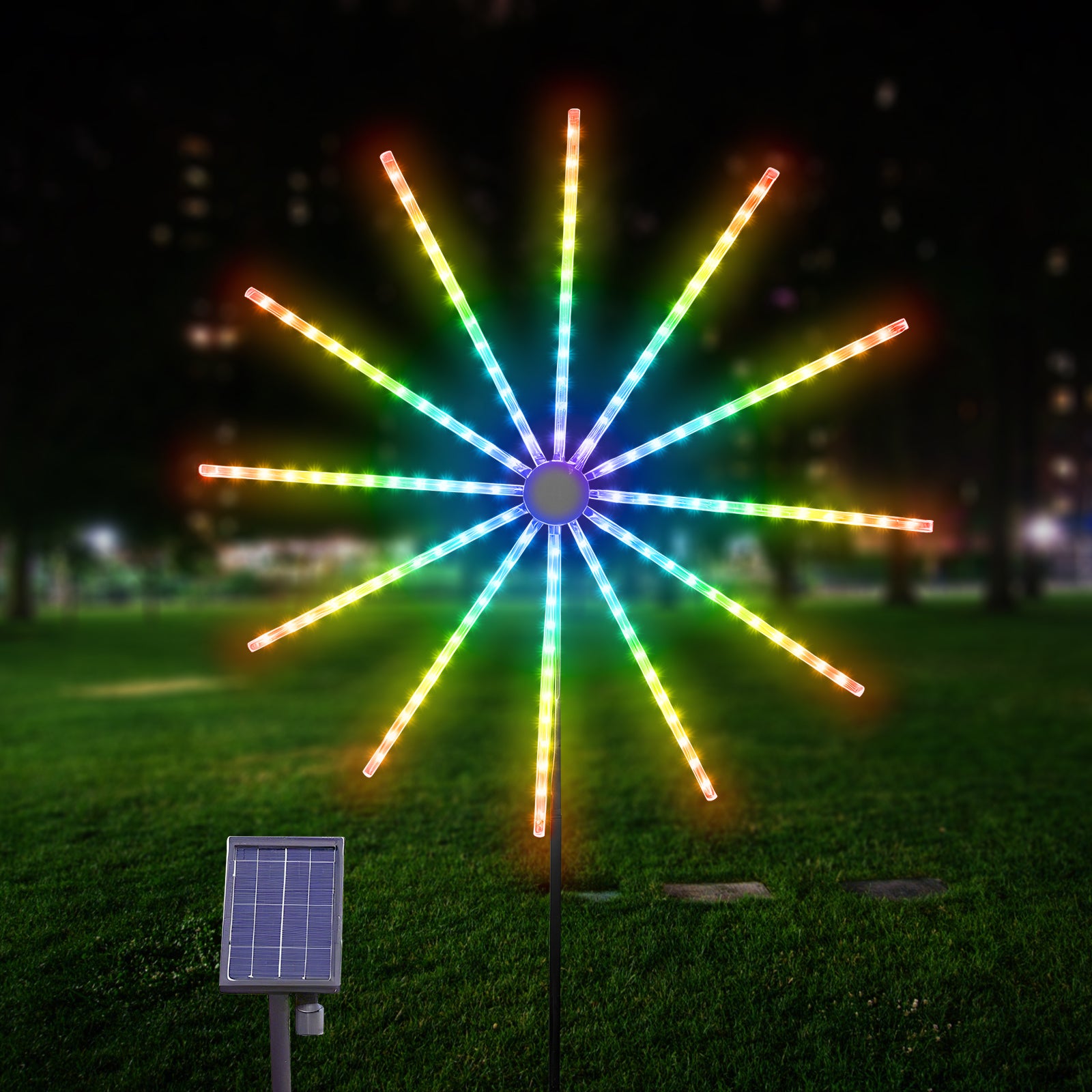 RGBW Solar Fireworks Lights – 56cm Color-Changing Pinwheel Meteor Shower Lights, Exploding Starburst Design with 3-in-1 Panels, Waterproof Outdoor Decoration