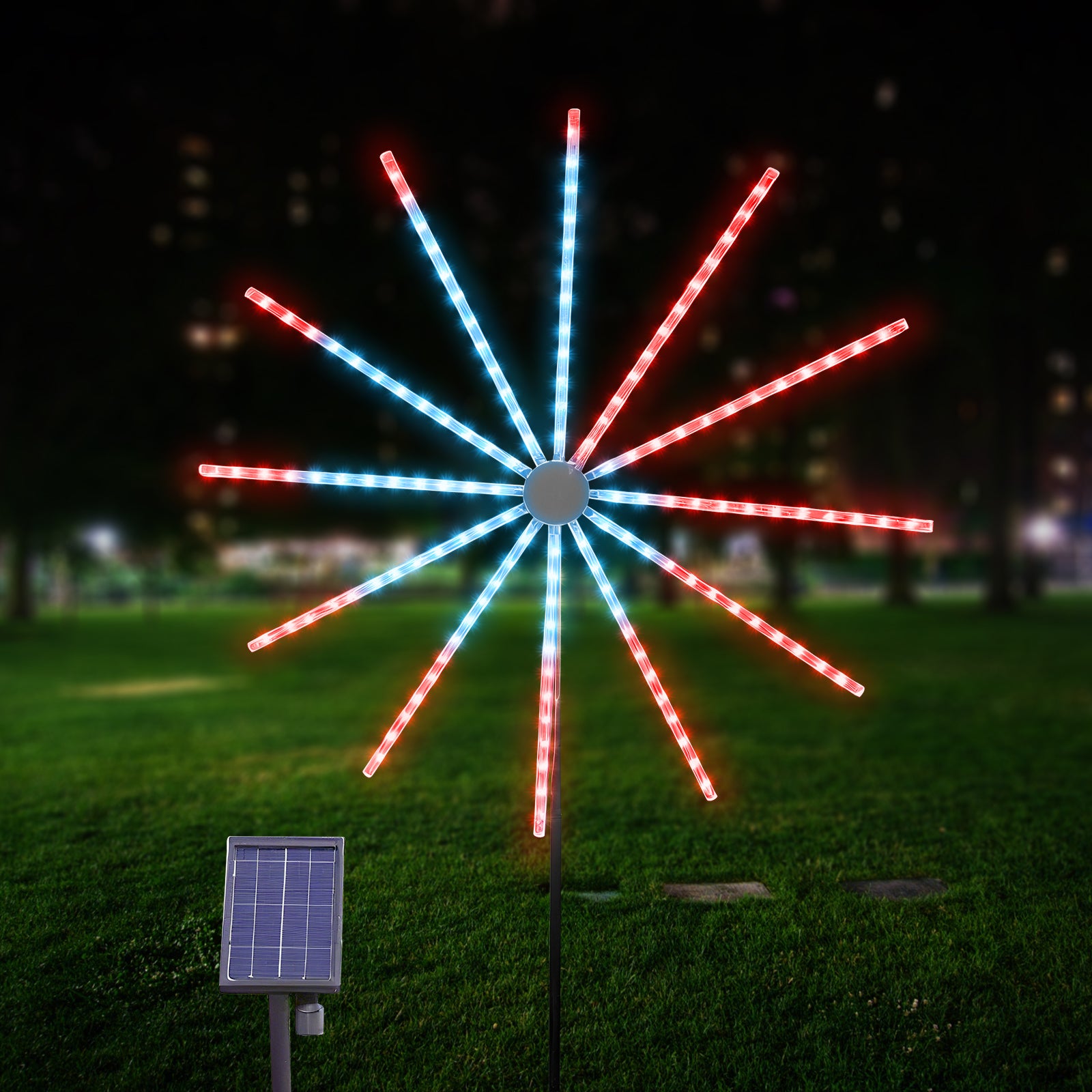 RGBW Solar Fireworks Lights – 56cm Color-Changing Pinwheel Meteor Shower Lights, Exploding Starburst Design with 3-in-1 Panels, Waterproof Outdoor Decoration