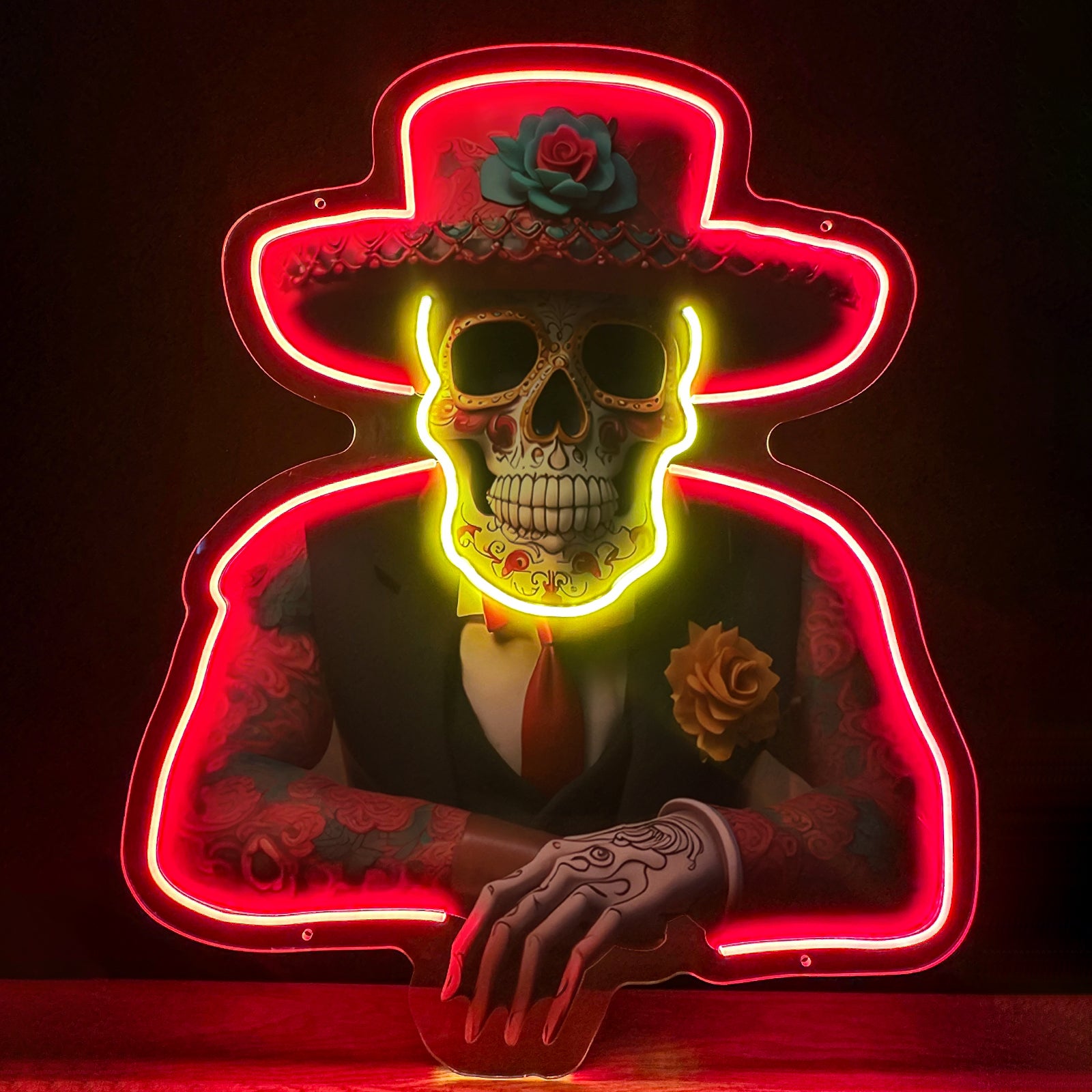 Luz de neón del Día de los Muertos ¨C Arte LED de calavera de azúcar vibrante para decoración festiva y cultural