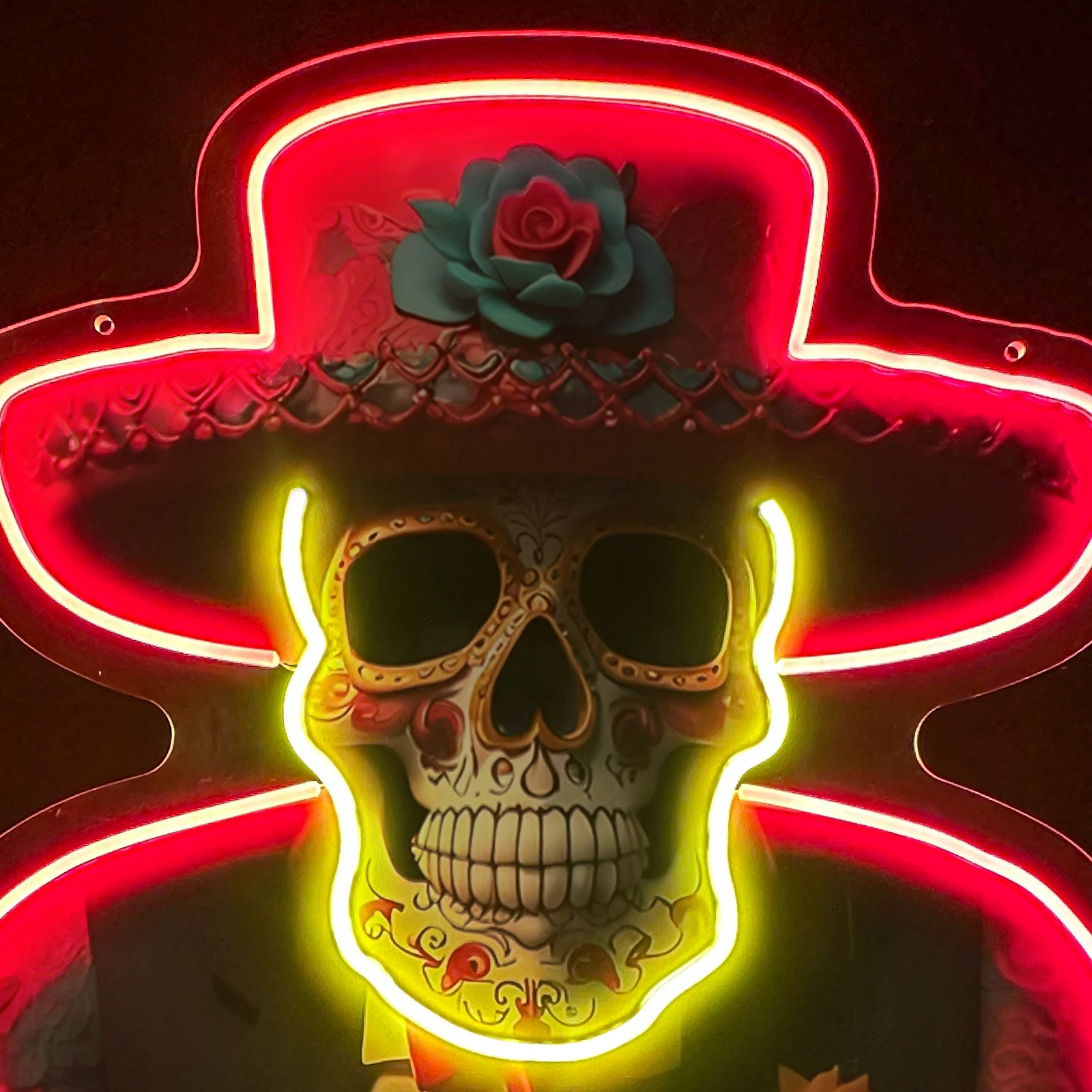 Luz de neón del Día de los Muertos ¨C Arte LED de calavera de azúcar vibrante para decoración festiva y cultural