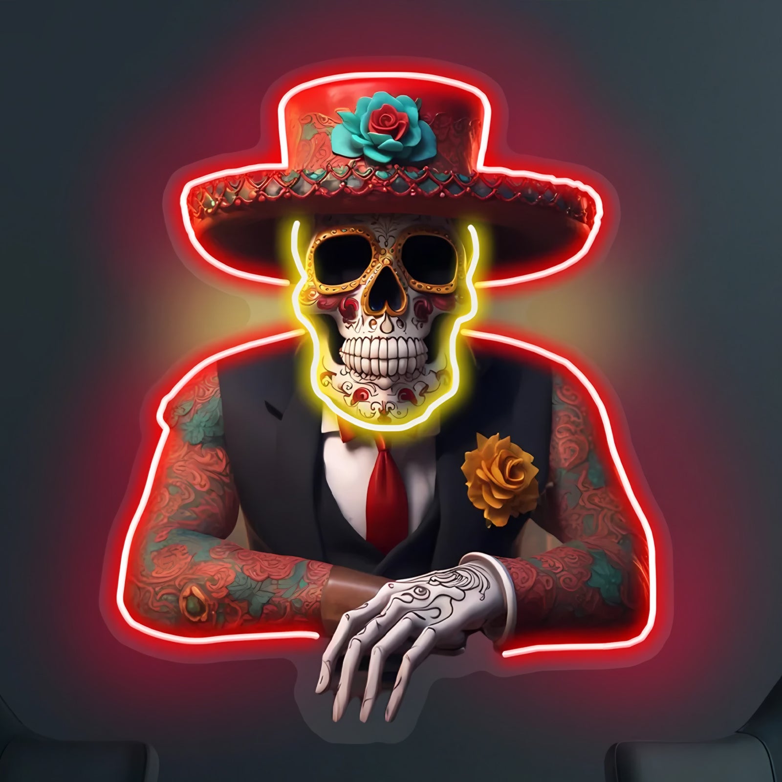 Luz de neón del Día de los Muertos ¨C Arte LED de calavera de azúcar vibrante para decoración festiva y cultural
