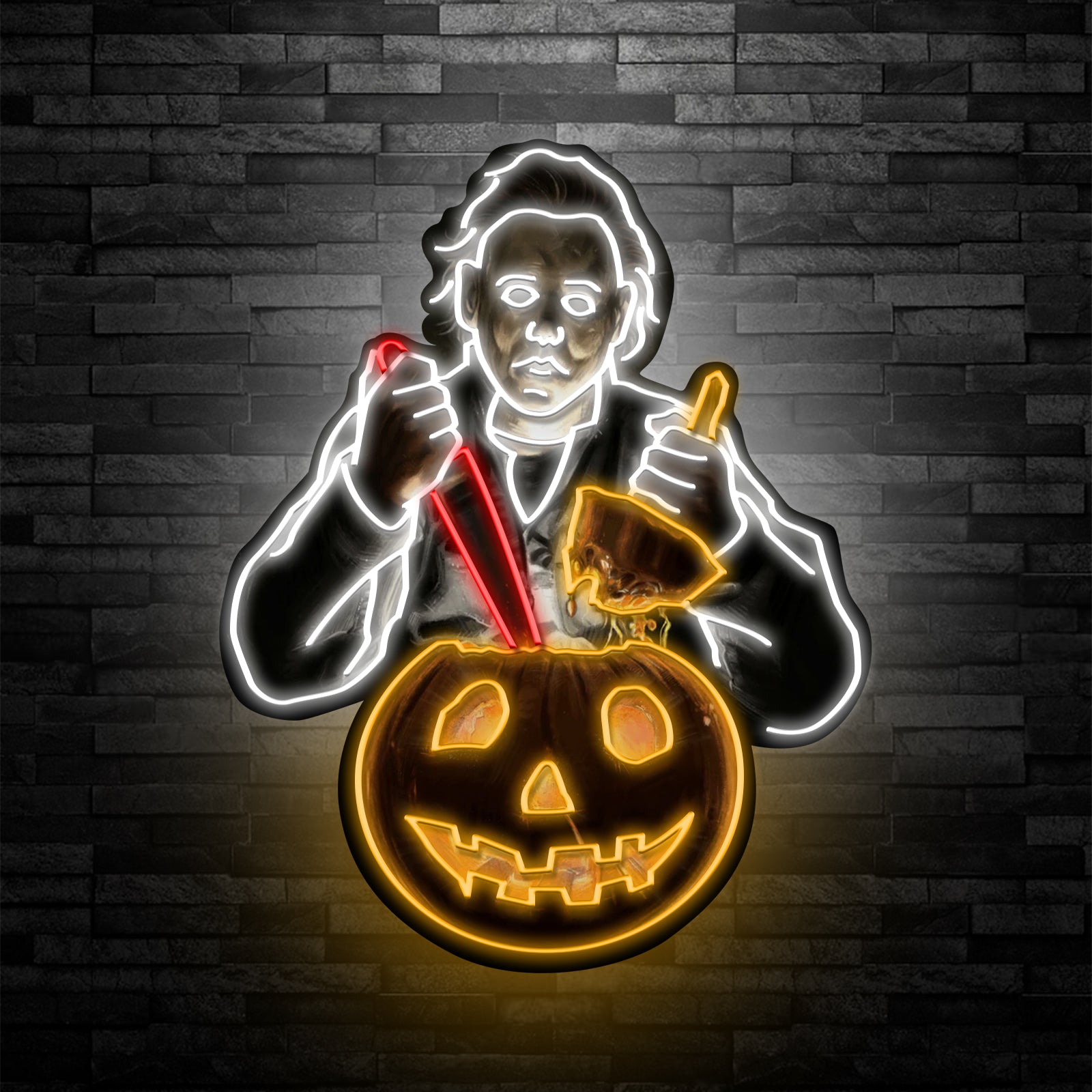 Michael Myers Pumpkin Carving Neon Sign – Halloween Slasher with Knife LED Wall Light for Horror Decor