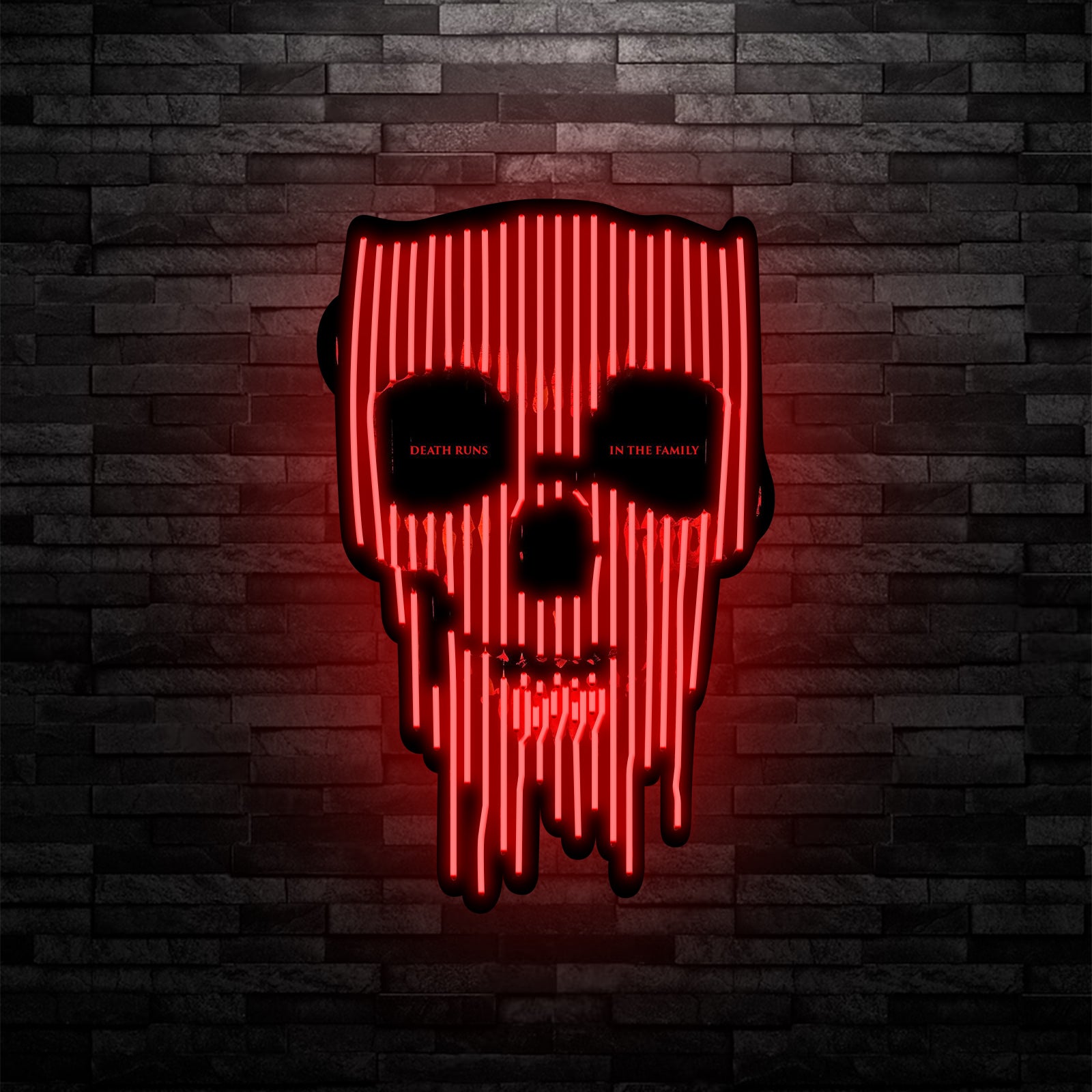 Death Runs in the Family Neon Skull Sign – Dripping Red LED Wall Light for Halloween & Horror Decor