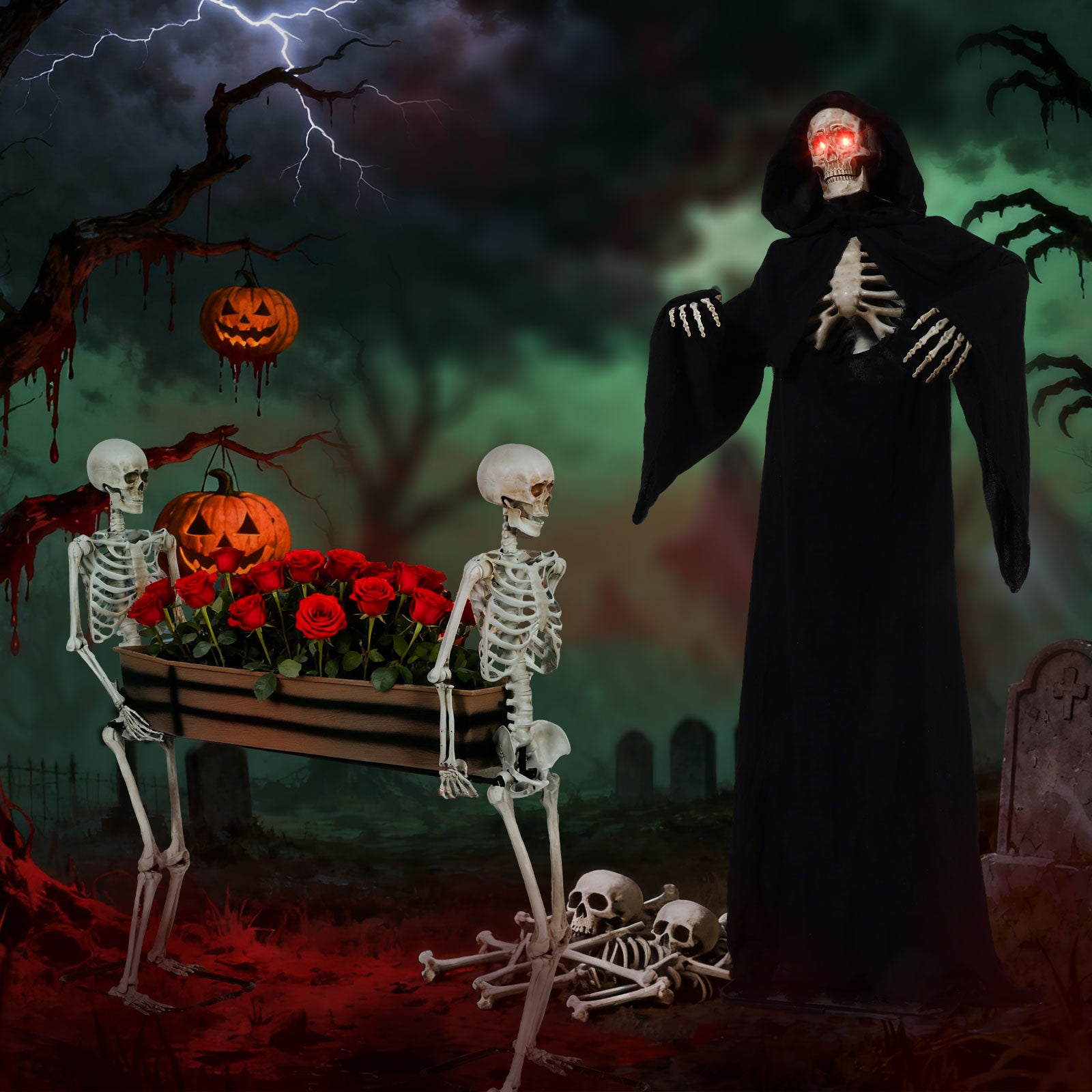 Halloween Combo Deal – Zombie Coffin Carriers & Grim Reaper Outdoor Decoration Set for Spooky Yard & Haunted Party