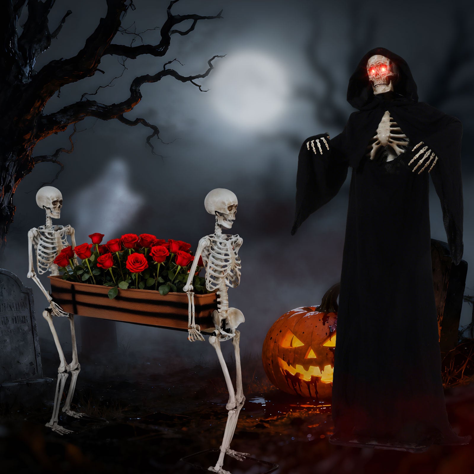 Halloween Combo Deal – Zombie Coffin Carriers & Grim Reaper Outdoor Decoration Set for Spooky Yard & Haunted Party