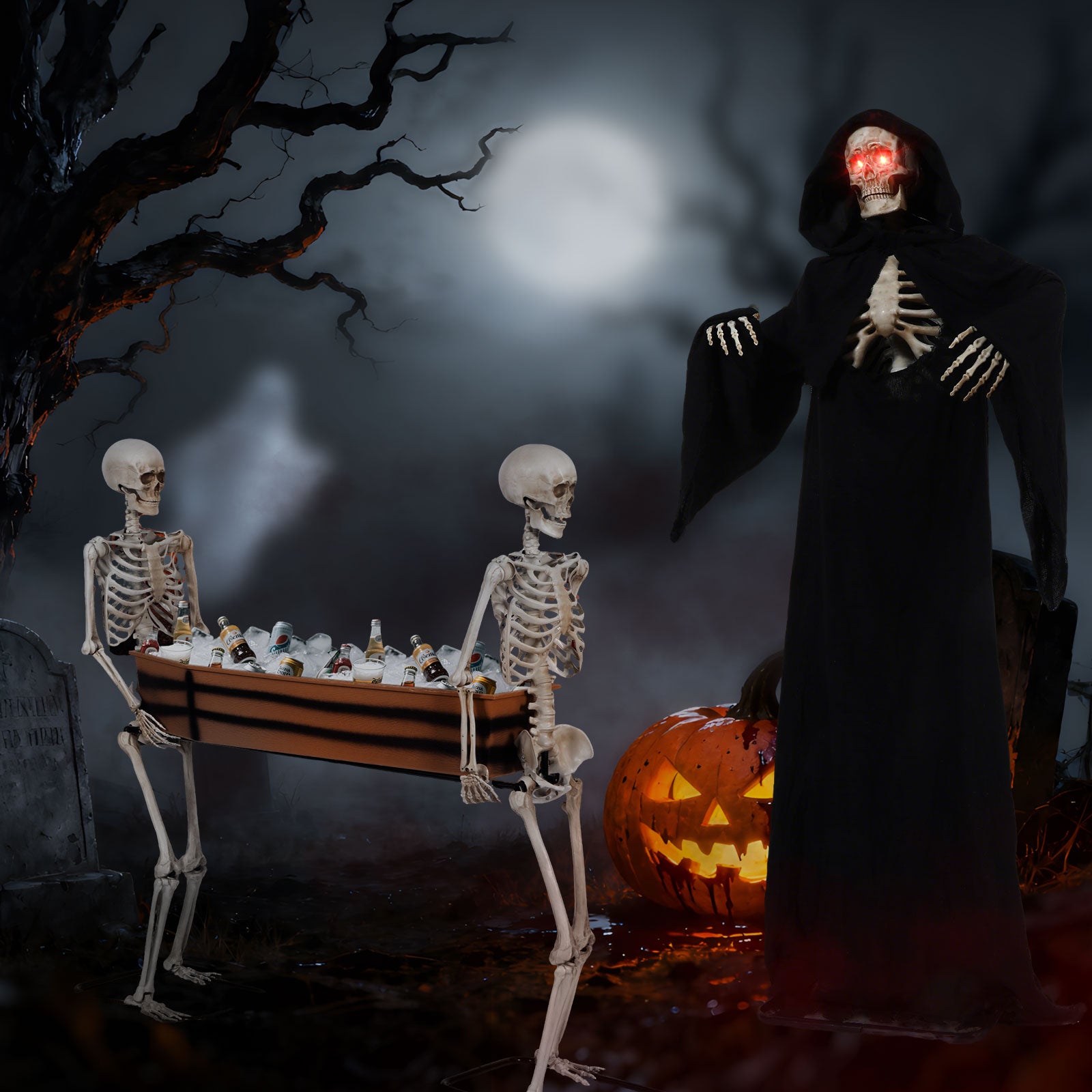 Halloween Combo Deal – Zombie Coffin Carriers & Grim Reaper Outdoor Decoration Set for Spooky Yard & Haunted Party