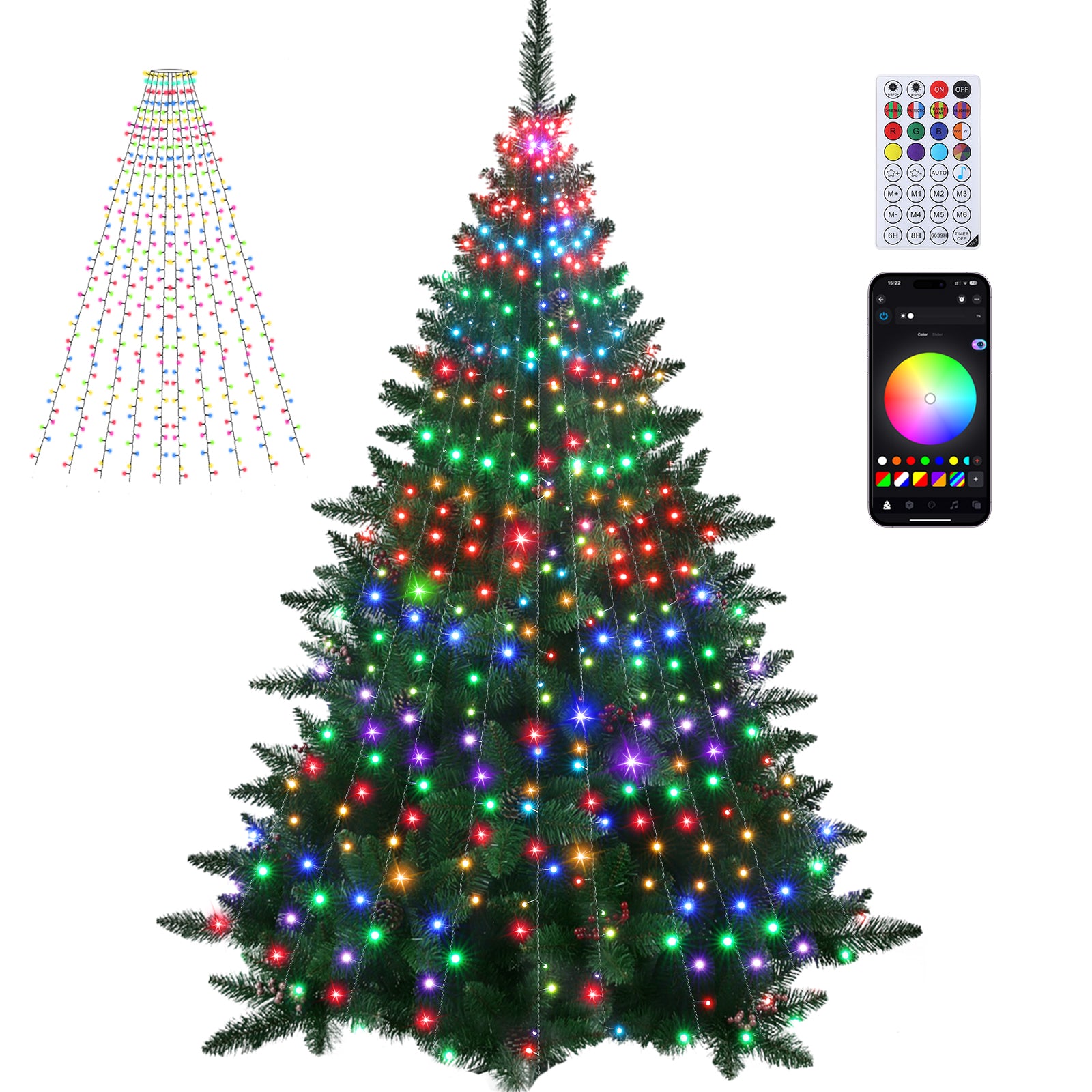 10×2m 400-LED Dark Green Wire Colorful Circular Smart Christmas Tree Lights – IP44 Waterproof, Music-Sync Mode, App & Remote Control