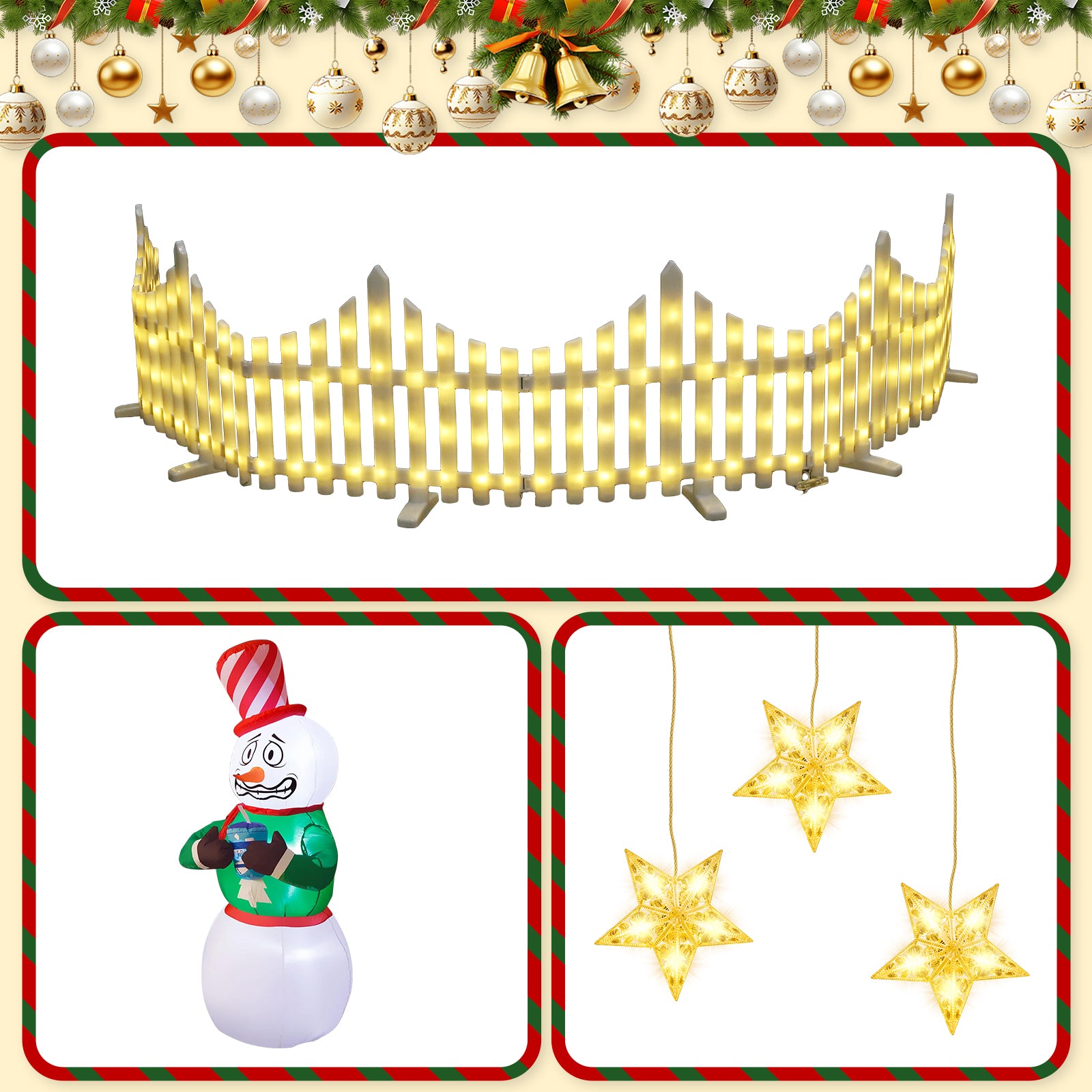 Quntis 3-in-1 Christmas Outdoor Decoration Bundle — 1× 8-Panel Arc Fence Lights (0.28×2.8m US Plug), 1× 3-in-1 Diamond Window Star Lights (Warm White US Plug), 1× 6FT Inflatable Snowman for Holiday Yard & Garden Decor