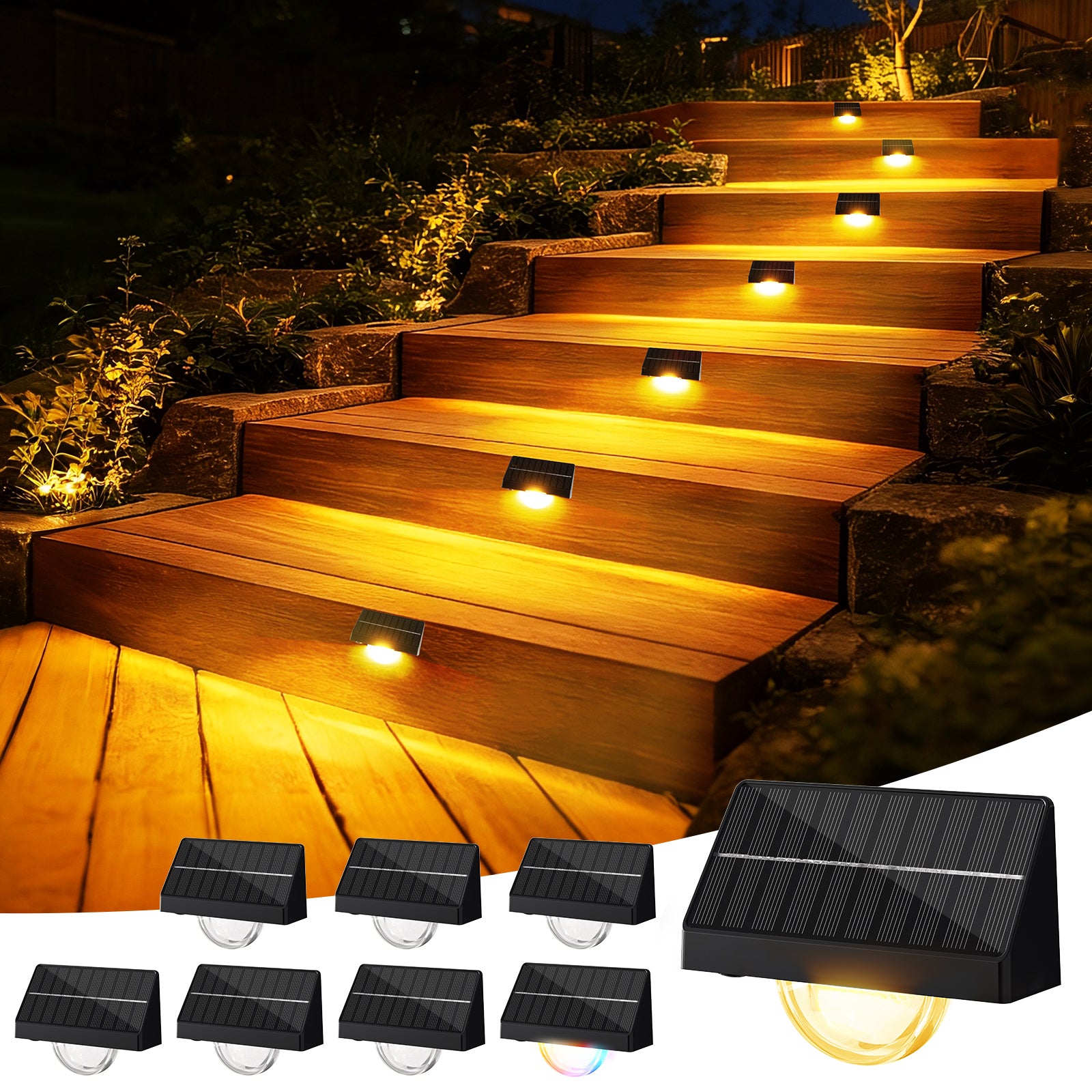 Quntis RGBWW Solar Step Lights 4-Pack, 1-Light Covers 1-Step Design, IP65 Waterproof Solar Stair Lights, 10 Color Mode Solar Lights Outdoor for Garden Stair, Front Porch, Deck, Sidewalk, Railing,Patio
