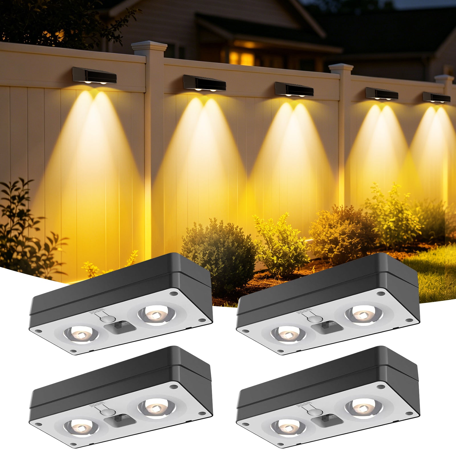 Quntis Solar Fence Lights, 12 RGBCW Color Changing Modes with Memory Function, IP44 Waterproof Outdoor Lighting for Garden, Deck, and Patio (2/4/6/8 Pack)