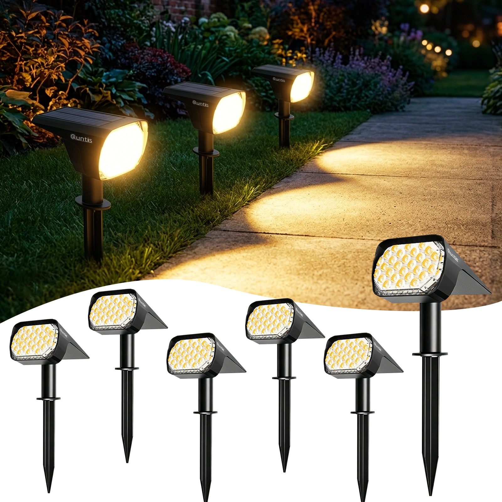 Pensamento por alguns segundos Quntis 6-Pack Ultra-Brilhante 28 LED Holofotes Solares para Exterior – 2700K Branco Quente, 3 Modos, Alimentação Solar & USB-C, IP67 à Prova d'Água para Jardim, Caminho & Paisagem