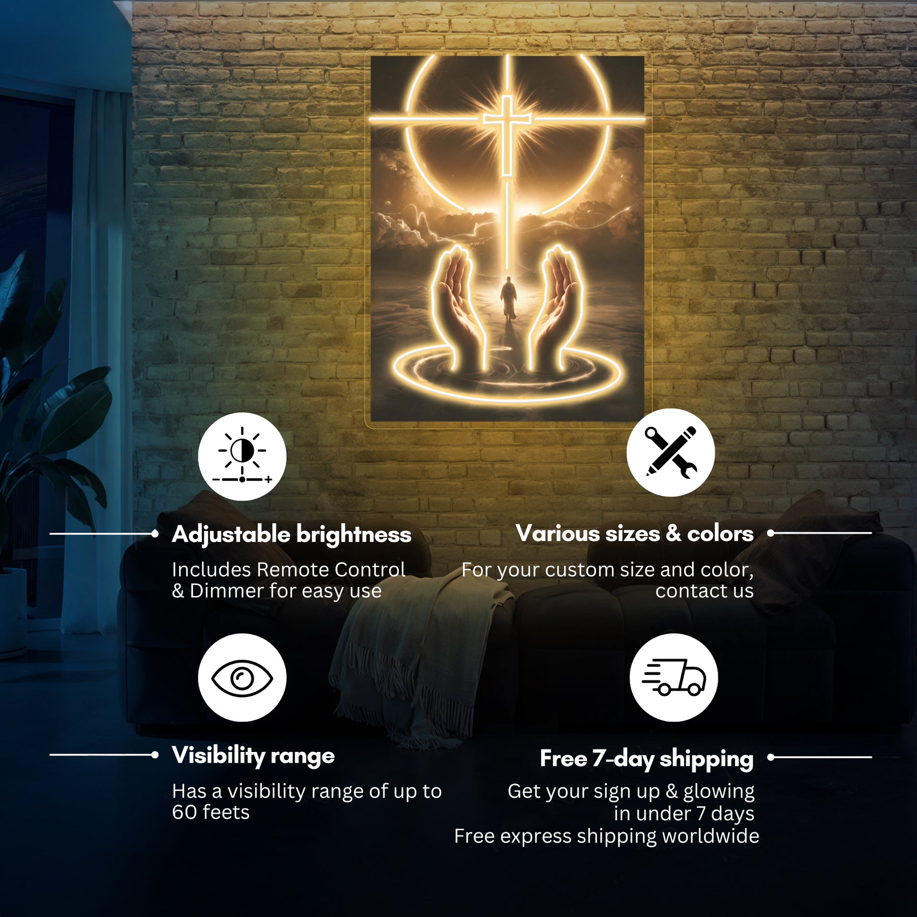 Divine Cross Neon Wall Art – Glowing Christian Faith LED Light with Praying Hands Design