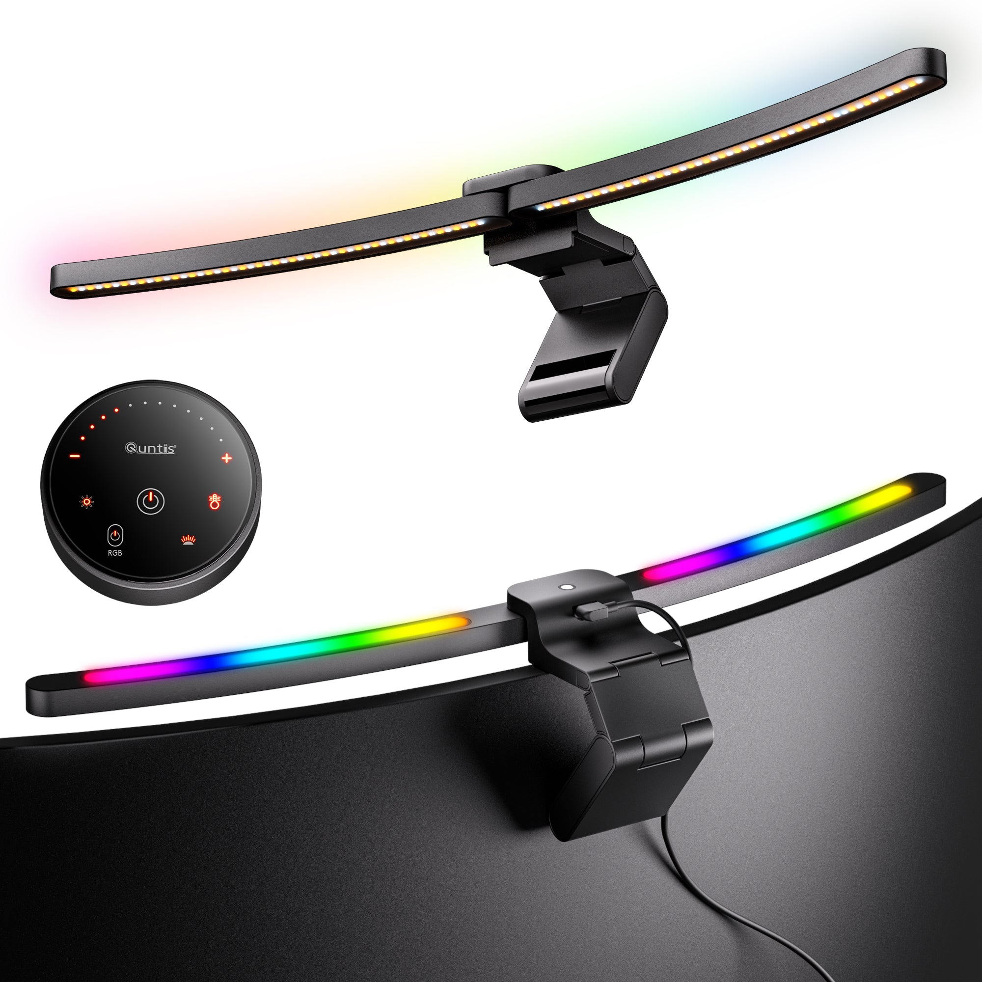 Quntis Curved Monitor Light Bar 15 RGB Backlight for 34"+ Screens, Computer Bar Lights Fold Dual Light with Color Temperature Brightness Stepless Dimming, No Glare Desk Lamp for Home Office Gaming