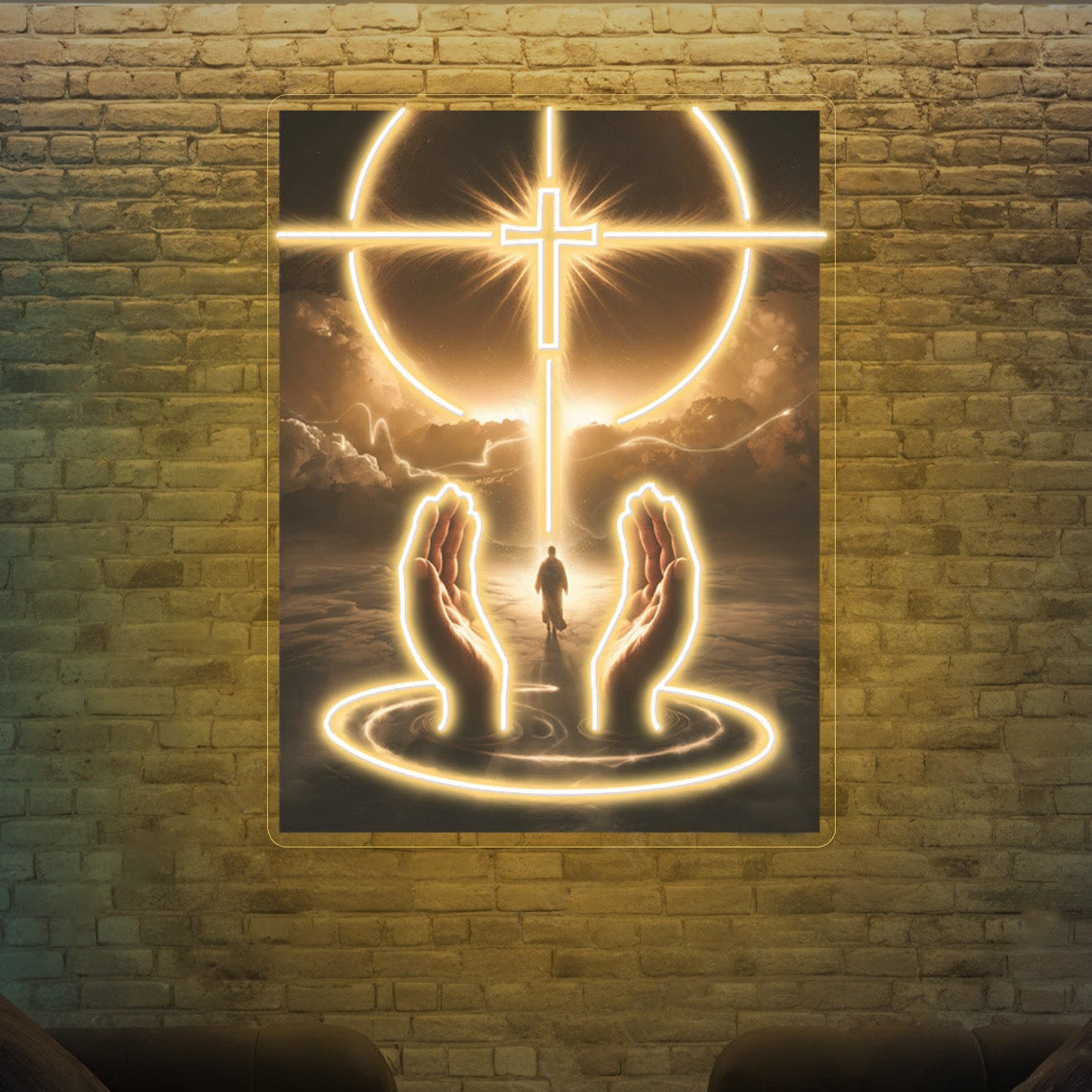 Divine Cross Neon Wall Art – Glowing Christian Faith LED Light with Praying Hands Design