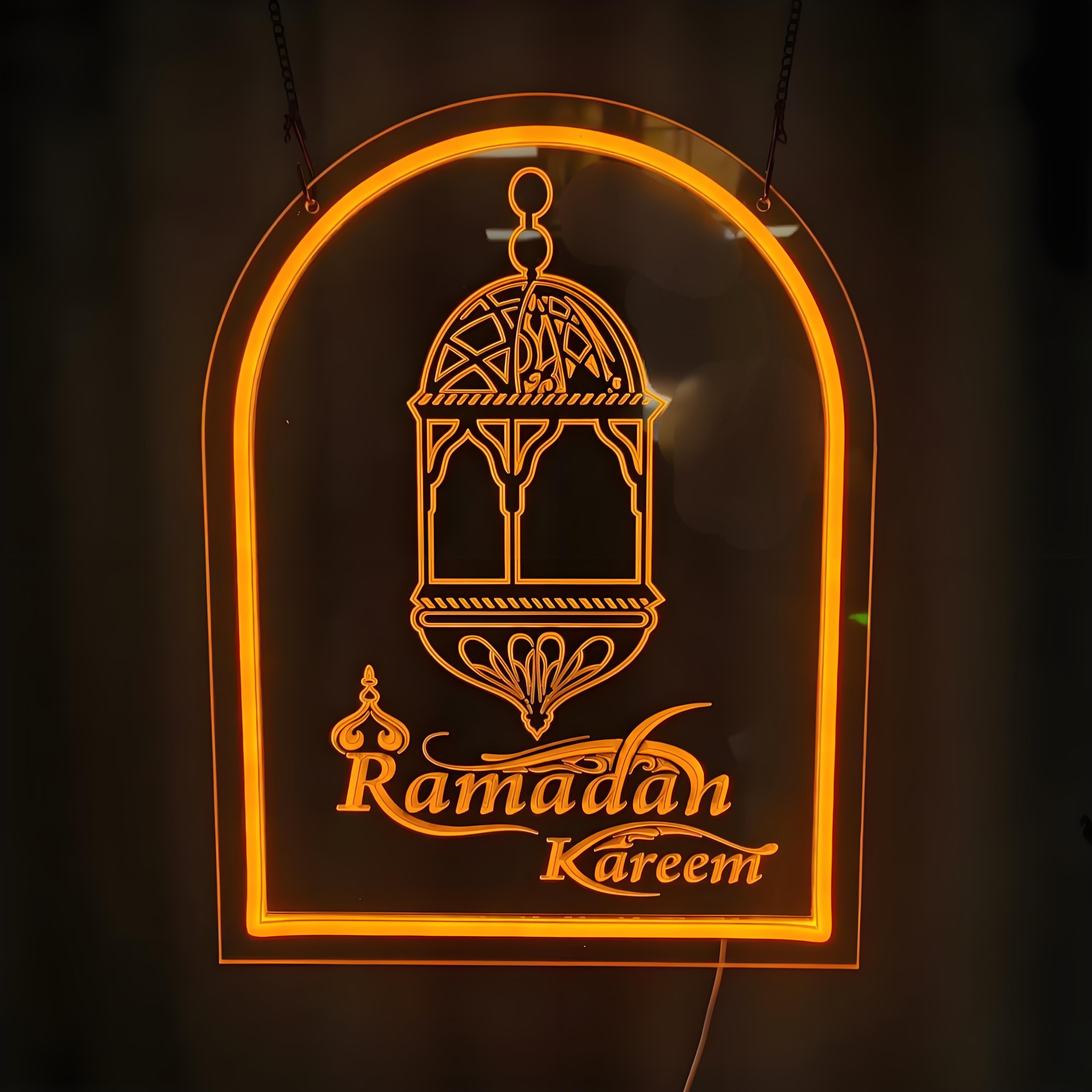 Layered 3D Art Neon Sign: Illuminated 'Ramadan Kareem' Mosque Relief in Arch Frame