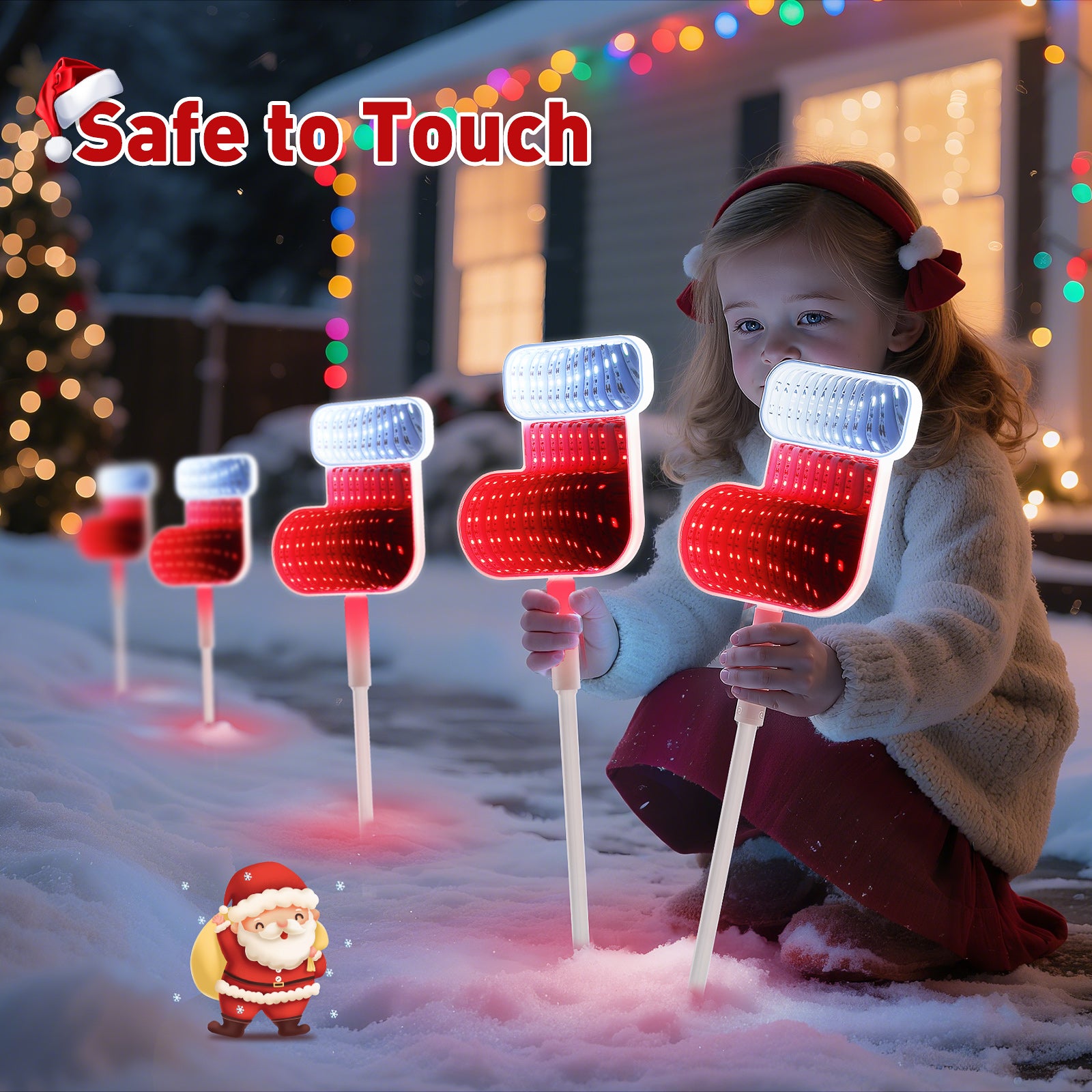 Quntis 1 pack (4 pcs) Christmas 3D Mirror Stocking Stake Lights – LED Outdoor Garden & Pathway Decor