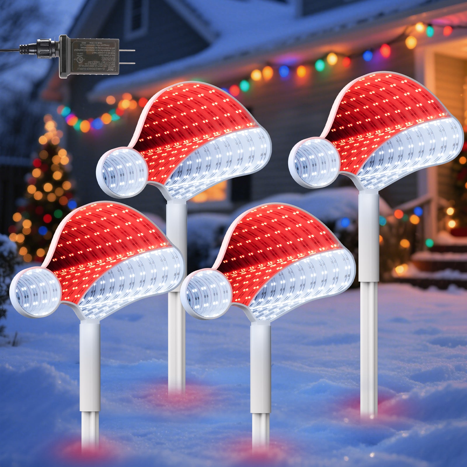 Quntis 1 Pack(4Pcs)Outdoor 3D Mirror Santa Hat Stake Lights – LED Christmas Decorations for Lawn & Walkway