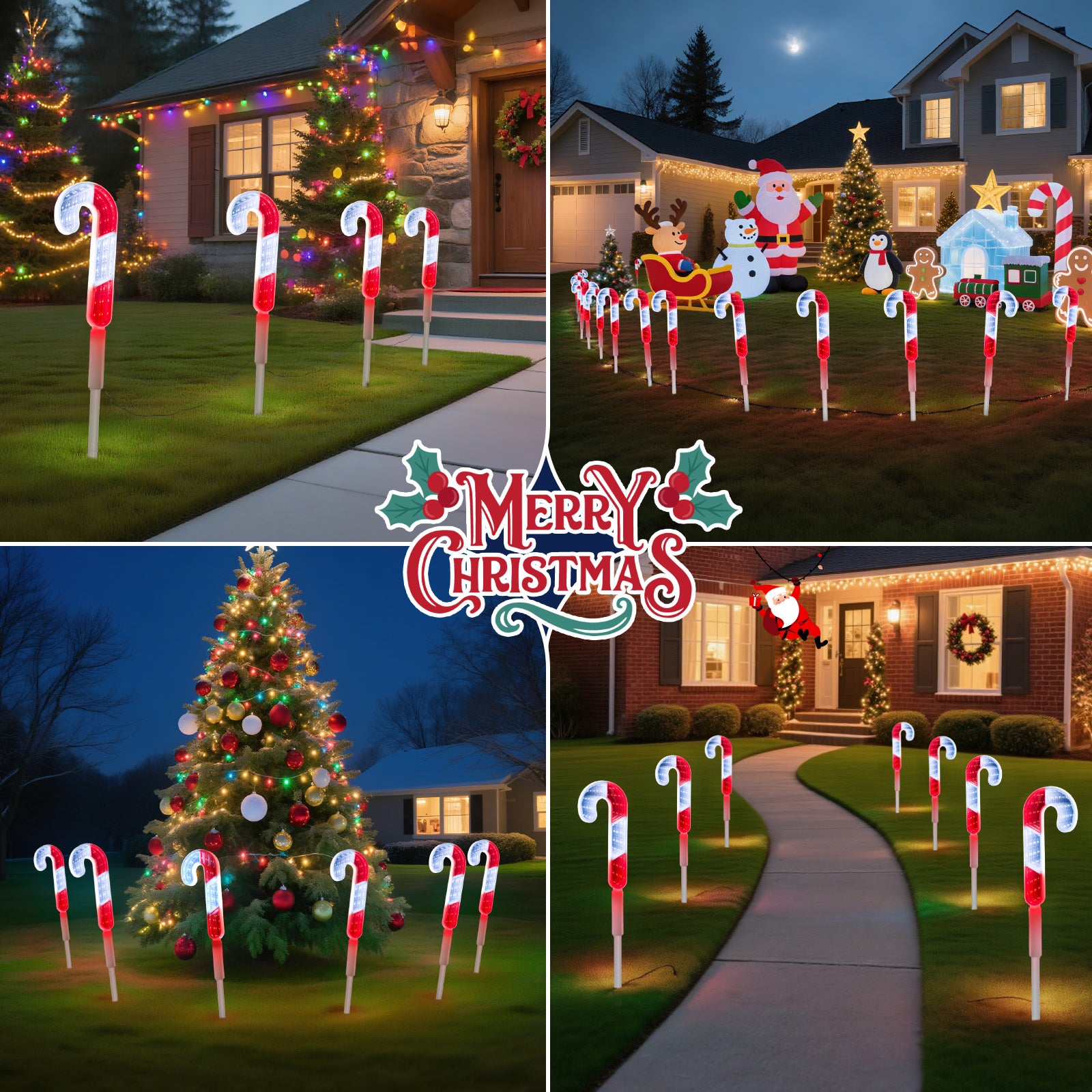 1 pack (4 pcs) Christmas Candy Cane Pathway Lights Outdoor Decorations, LED Mirror Candy Cane Stake Lights for Yard, Walkway & Garden (Red & White, IP44 Waterproof)