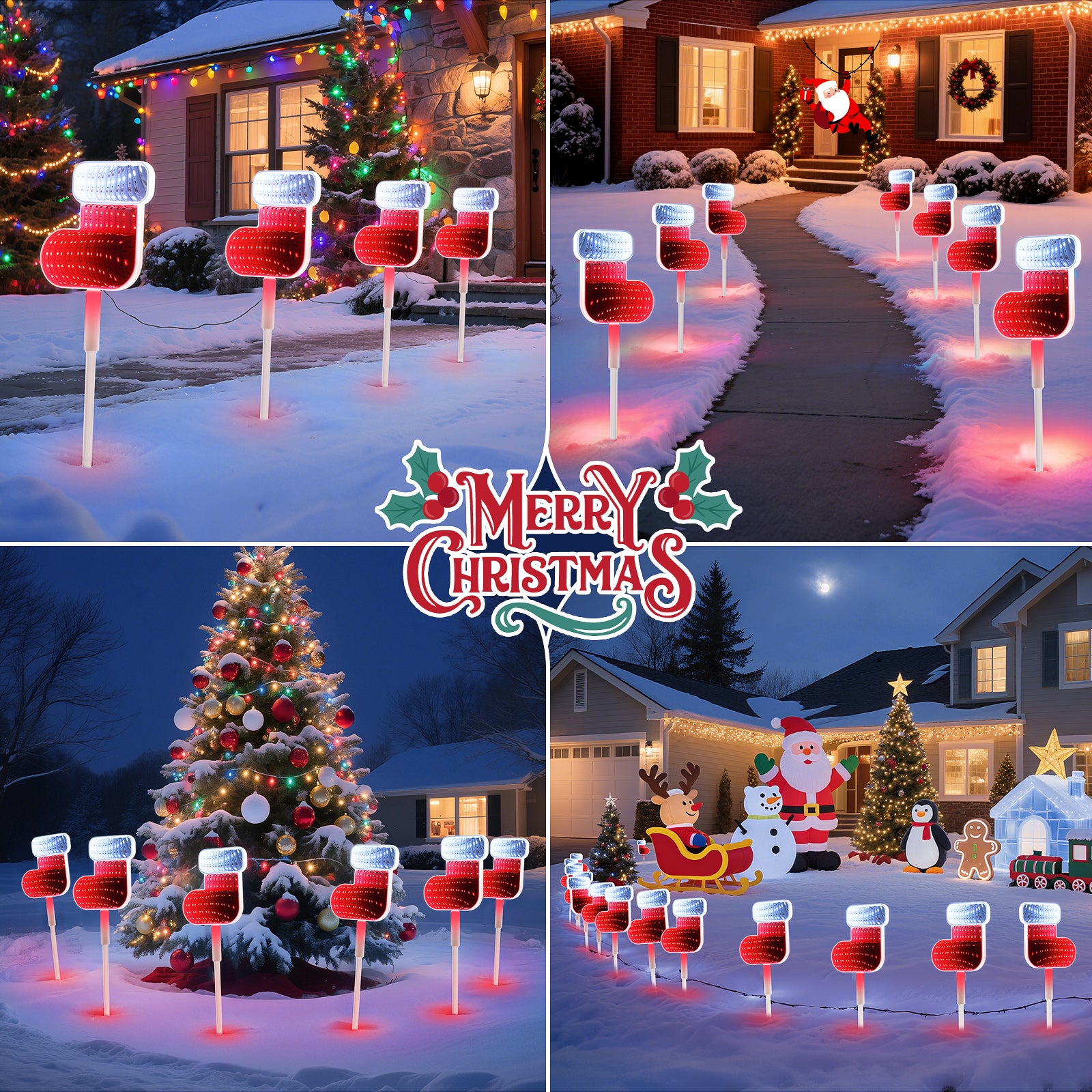 Quntis 1 pack (4 pcs) Christmas 3D Mirror Stocking Stake Lights – LED Outdoor Garden & Pathway Decor