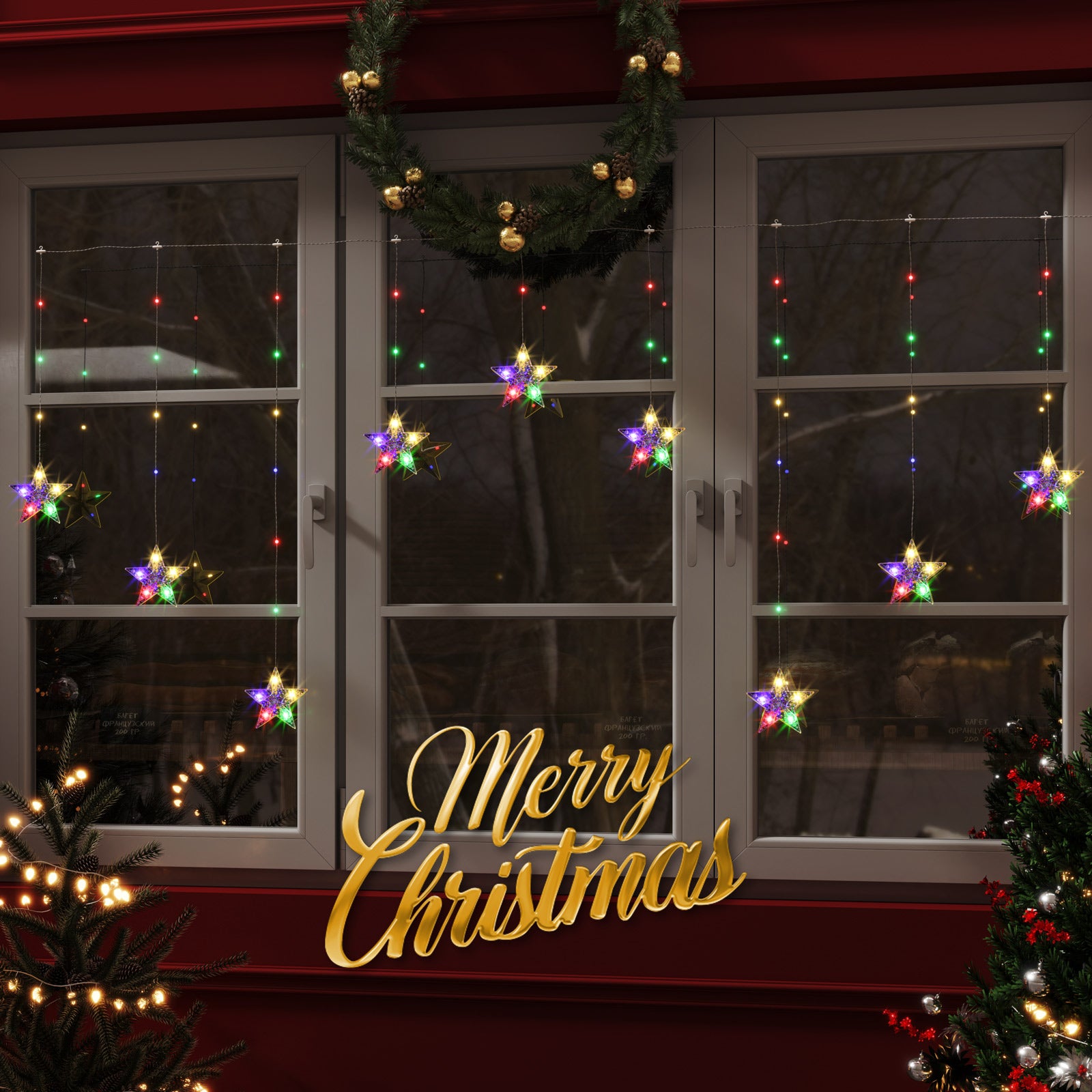 Quntis Color Changing Star Window Christmas Lights - Warm White & Multicolor 9 Stars Curtain, 8 Modes Battery Operated With Timer, IP65 Waterproof Xmas Window Decor