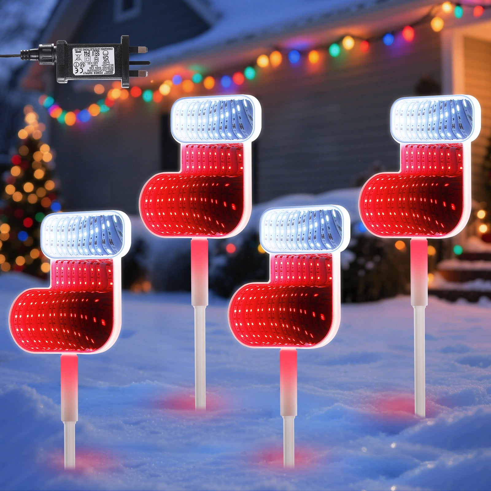 Quntis 1 pack (4 pcs) Christmas 3D Mirror Stocking Stake Lights – LED Outdoor Garden & Pathway Decor
