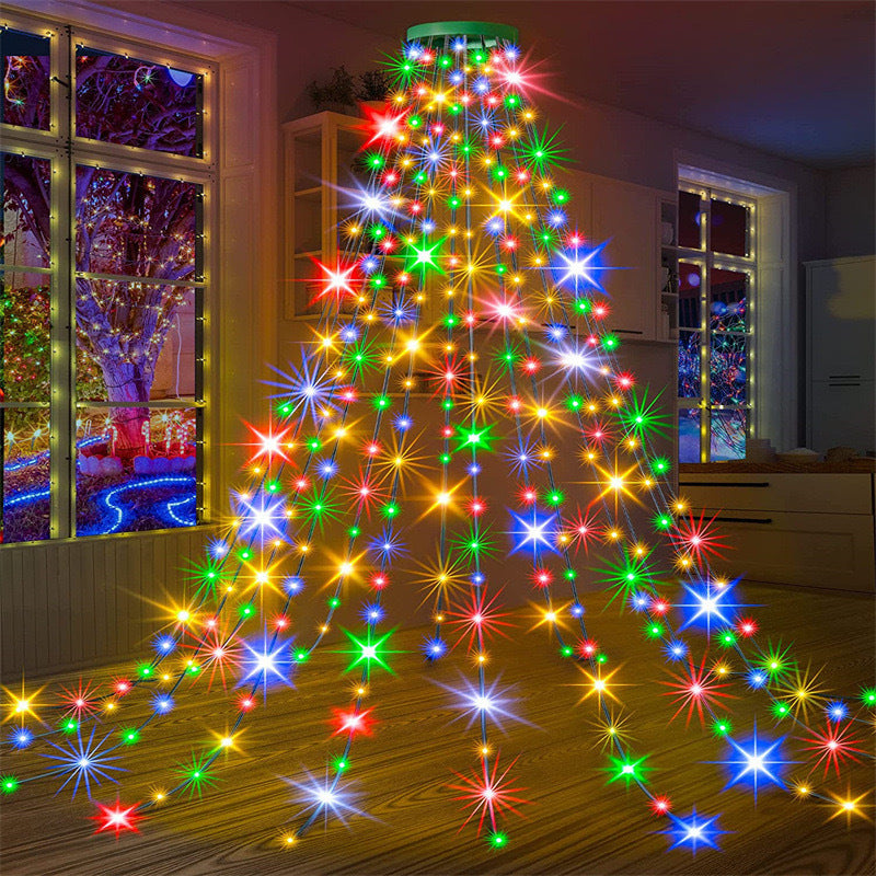 Quntis Neue LED Weihnachtsbaumringlichter – IP44 wasserdichte Niederspannungs-Stern-Wasserfall-Baumspitzenlichter für Feiertagsdekoration