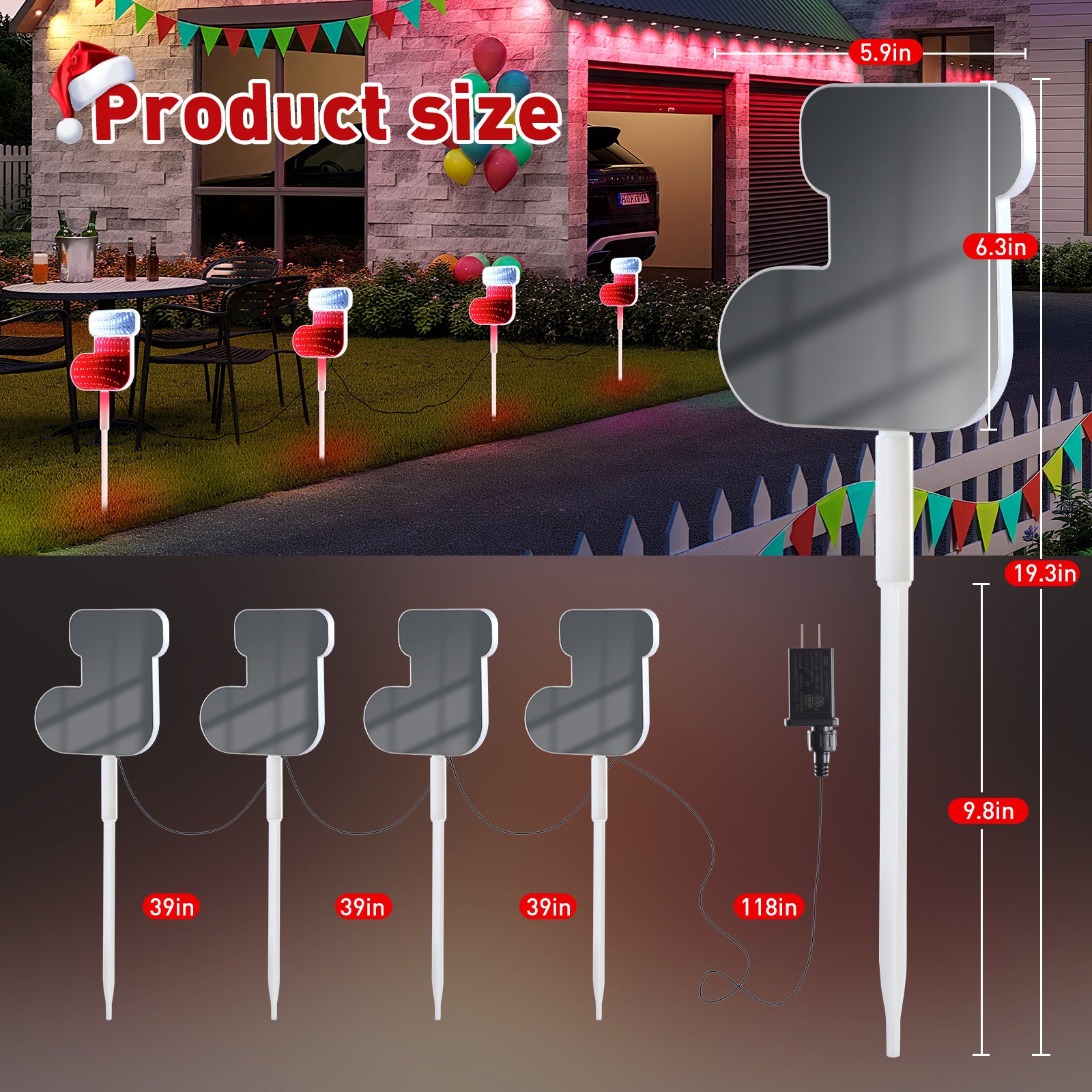 Quntis 1 pack (4 pcs) Christmas 3D Mirror Stocking Stake Lights – LED Outdoor Garden & Pathway Decor