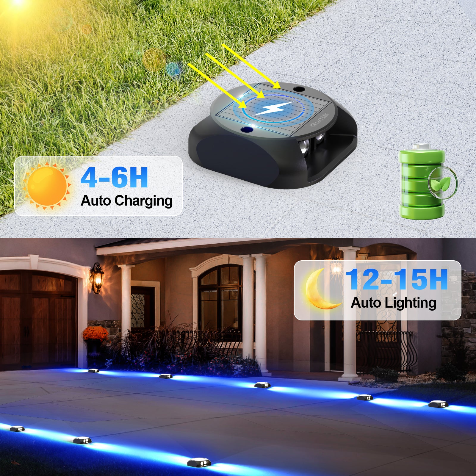 Quntis Solar Deck Lights Outdoor, Two-Way LED Blue Light Ground Lights, IP65 Waterproof Dusk to Dawn Lighting for Pathway, Step, Driveway and Garden