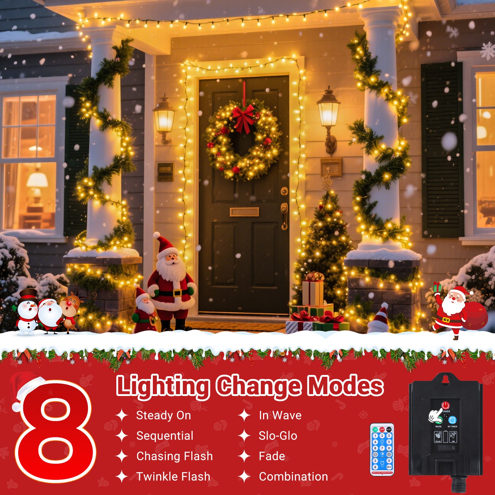 Quntis 40m 300-LEDs Solar Powered Waterproof Outdoor Christmas Fairy Lights – 8 Modes with Warm White Glow for Stunning Outdoor Decor