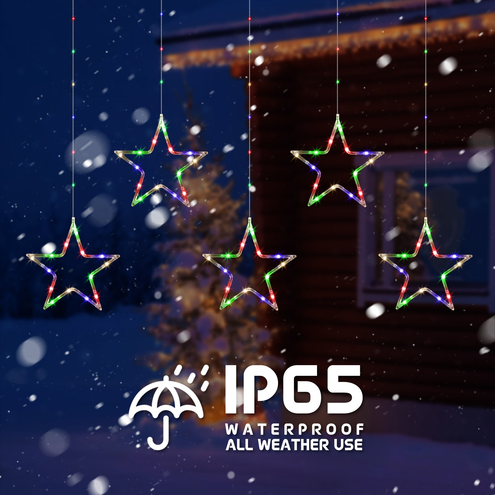 Quntis Christmas Window Lights – 60LED Color Changing 5-Star Curtain Lights, Battery Operated with Timer & 8 Modes for Indoor/Outdoor Decor