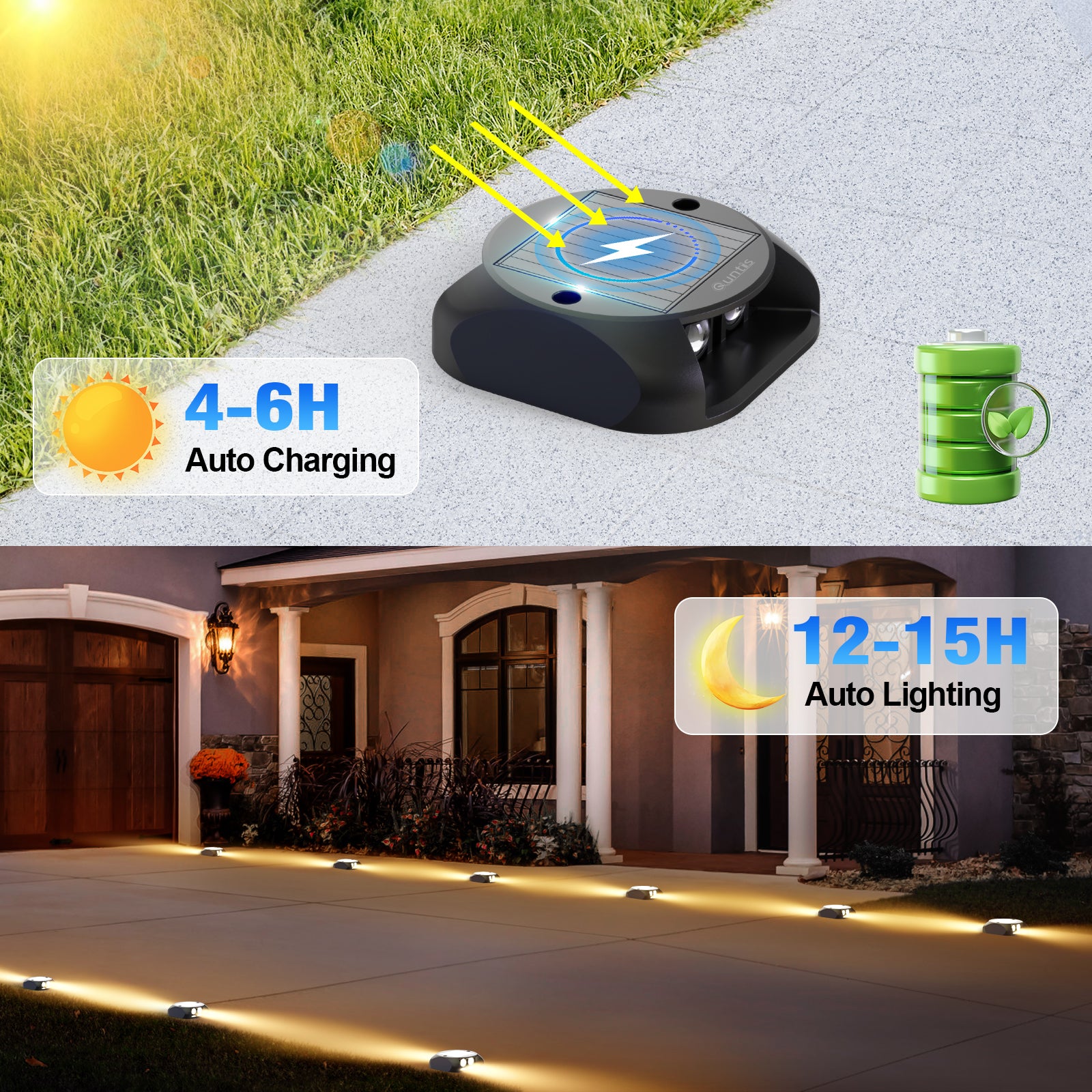 Quntis Solar Deck Lights, Two-Way LED Dusk to Dawn Ground Lights, IP65 Waterproof Outdoor Lighting for Deck and Pathway