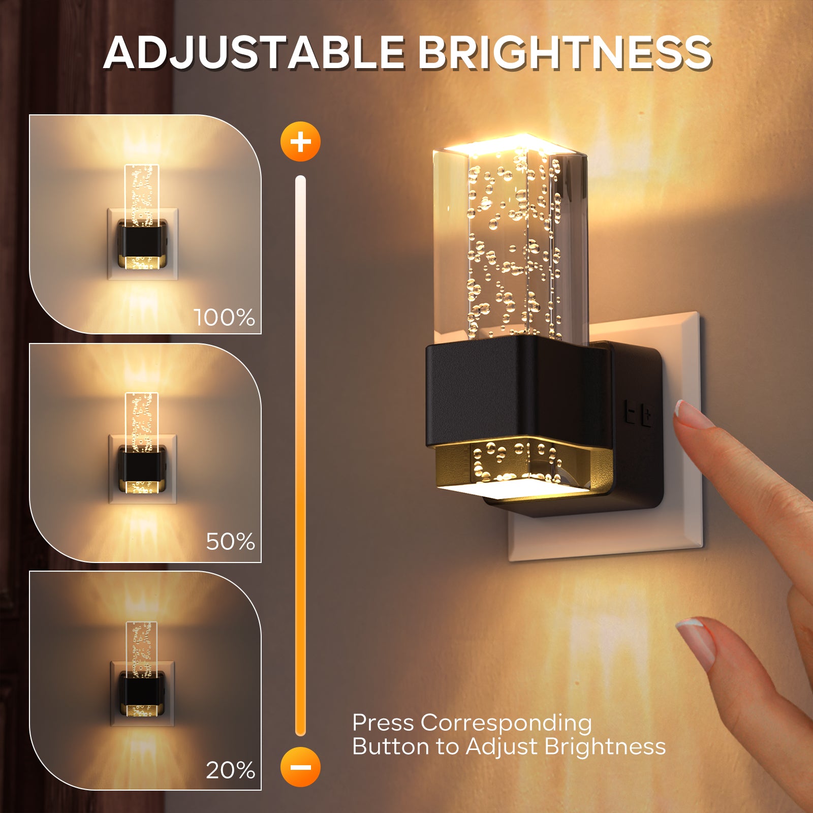 2-Pack Square Crystal Bubble Night Lights, Soft Warm Glow with Premium Black Shell, Decorative Plug-in Wall Light