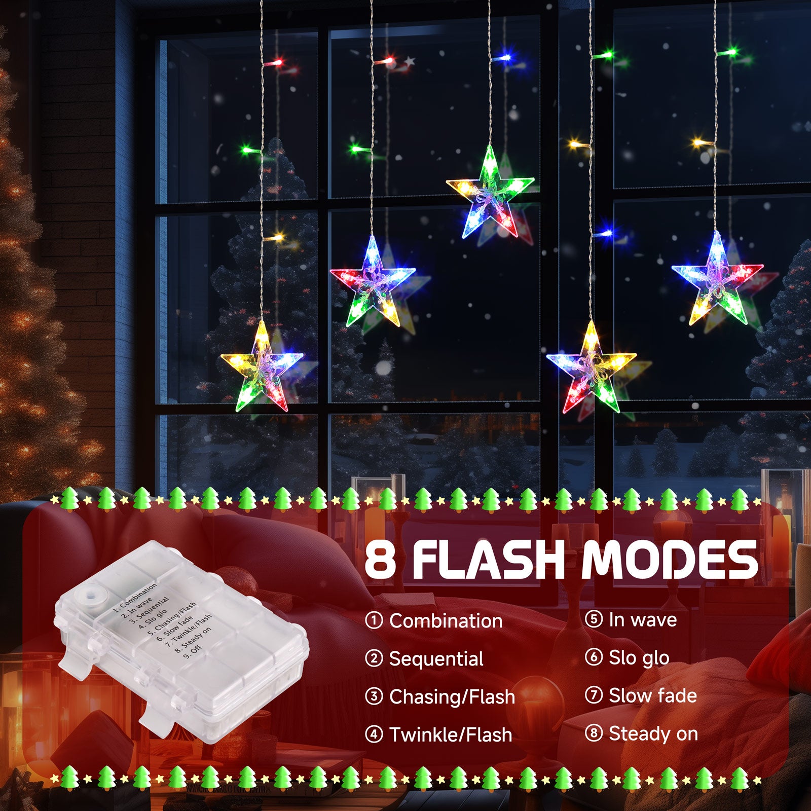 Quntis Luces de Cortina Estrelladas – 5 Estrellas Centelleantes, 36 LEDs, Funcionamiento a Batería con Temporizador y 8 Modos, Luces de Cuerda de Hadas para Decoración de Dormitorio, Ventana y Fiesta