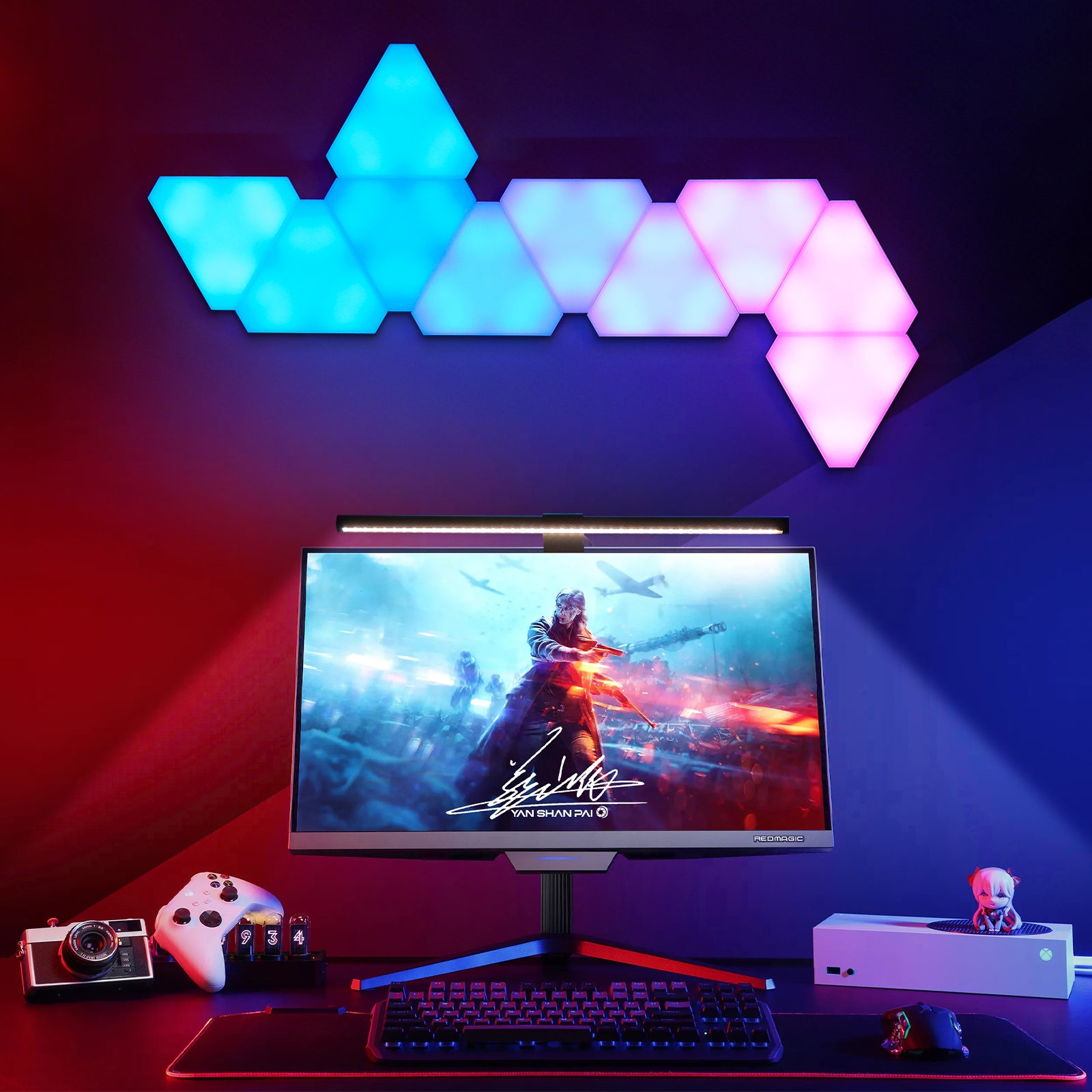 Gaming Light Set – Triangle RGBIC LED Panels + Eye-Caring Monitor Lamp, Sync with Music, App/Remote Control, Ideal for Gaming Room & Workstation
