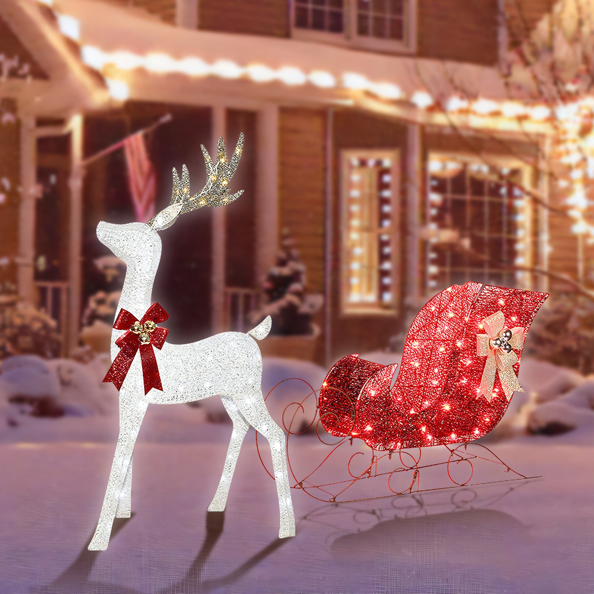 IP65 Waterproof LED Lighted Reindeer & Sleigh Set – Ultra-Bright 3D Outdoor Yard Decor for a Festive Christmas Wonderland