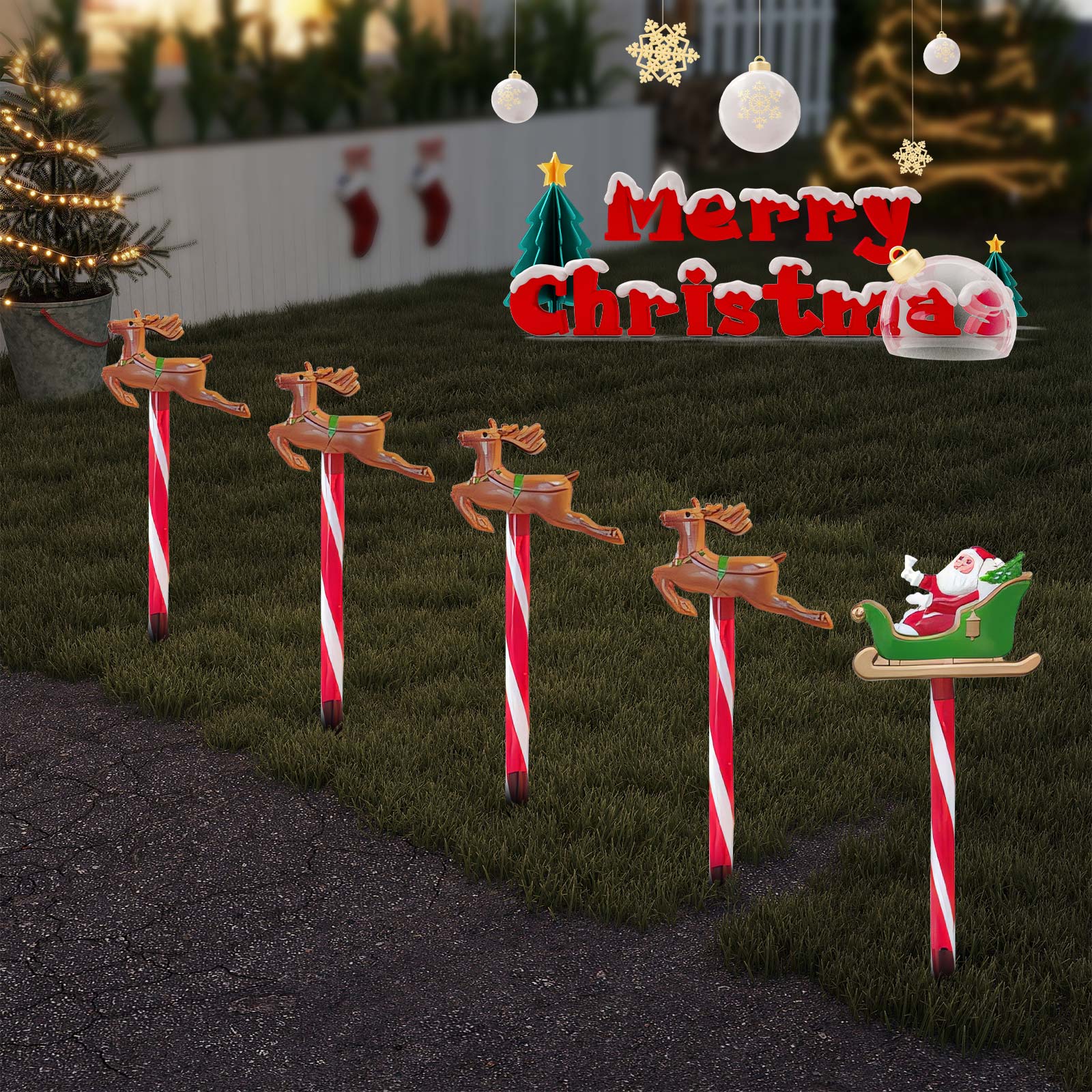 Solar LED Christmas Reindeer & Santa Sleigh Outdoor Stake Lights – Festive Garden & Yard Decor, Holiday Patio & Lawn Lighting