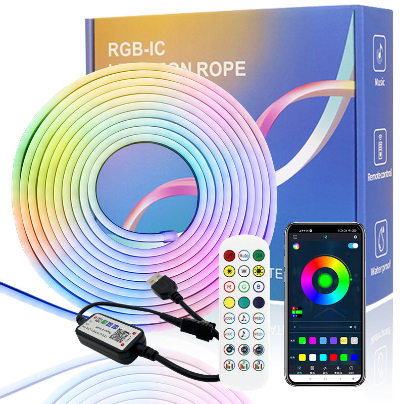 USB RGB Neon Light Strip Set – 5V Bluetooth APP Control, Silicone Waterproof Music-Activated Flowing Decorative LED Strip Lights for Home, Bedroom & Party