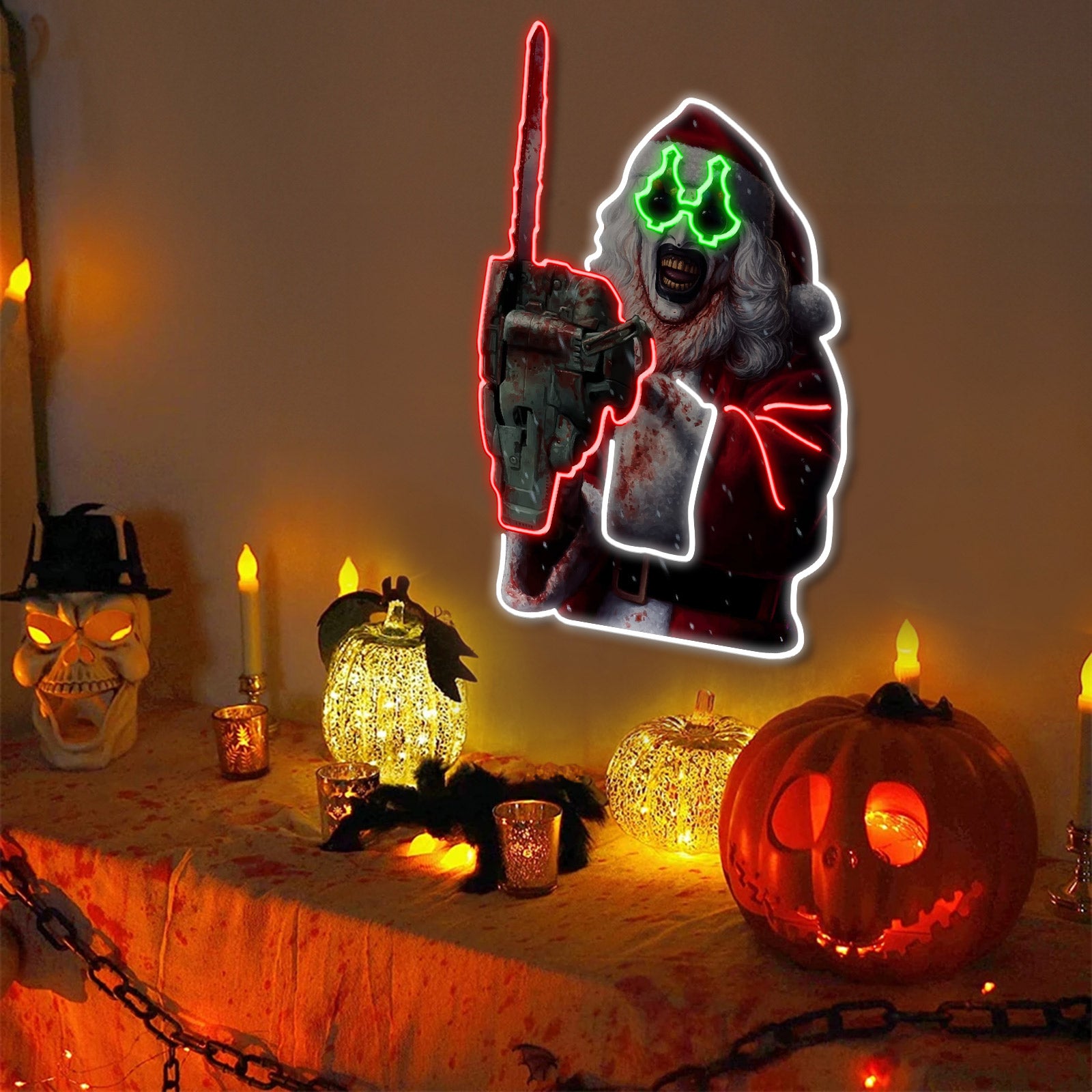 Terrifier 3 Neon Sign – Halloween Movie LED Wall Light, Art the Clown with Chainsaw, Spooky Horror Decor for Collectors & Halloween Decorations