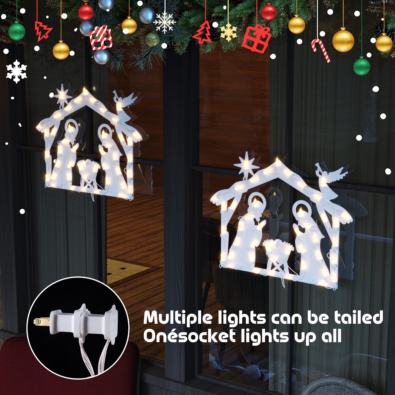 Quntis beleuchtete Weihnachtskrippe Fenster Silhouette Hängelichter – 50 LEDs für Feiertags- & Weihnachtsfensterdekorationen