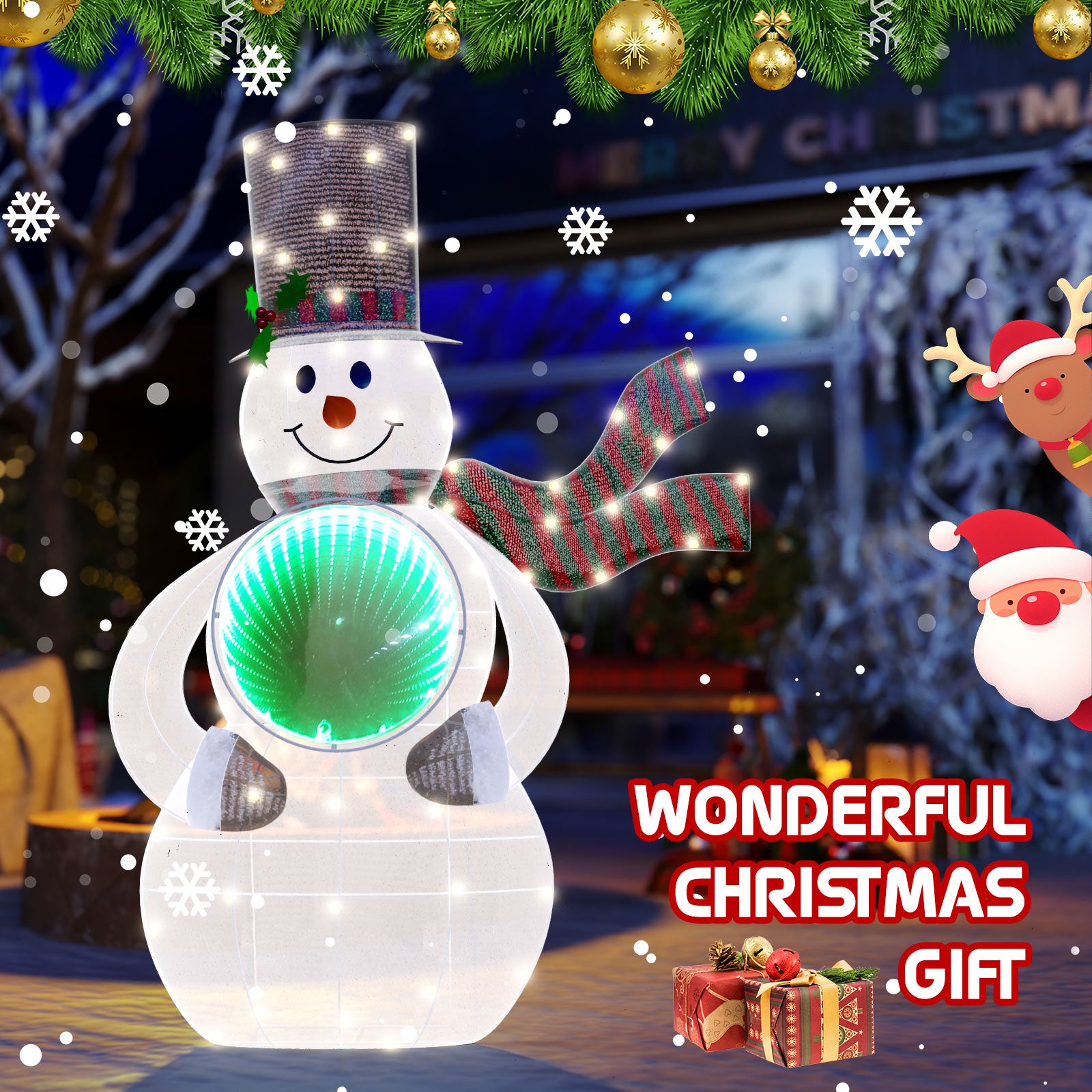 Quntis 3FT Light Up Snowman Christmas Decorations with 3D Infinity Mirror Tunnel, 56 LED Lights for Outdoor Indoor Yard, Lawn, Porch Holiday Decor