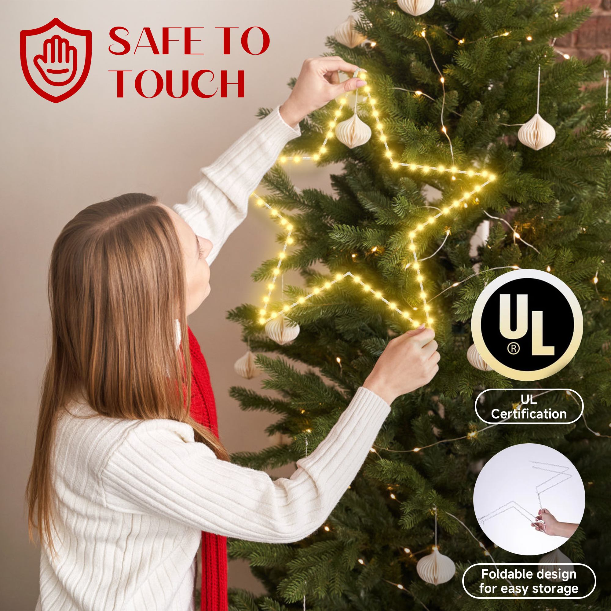 Quntis Luzes de Estrela de Natal 19.6in – Funciona a Bateria, Temporizador, 8 Modos, Dobrável para Uso Interior/Exterior