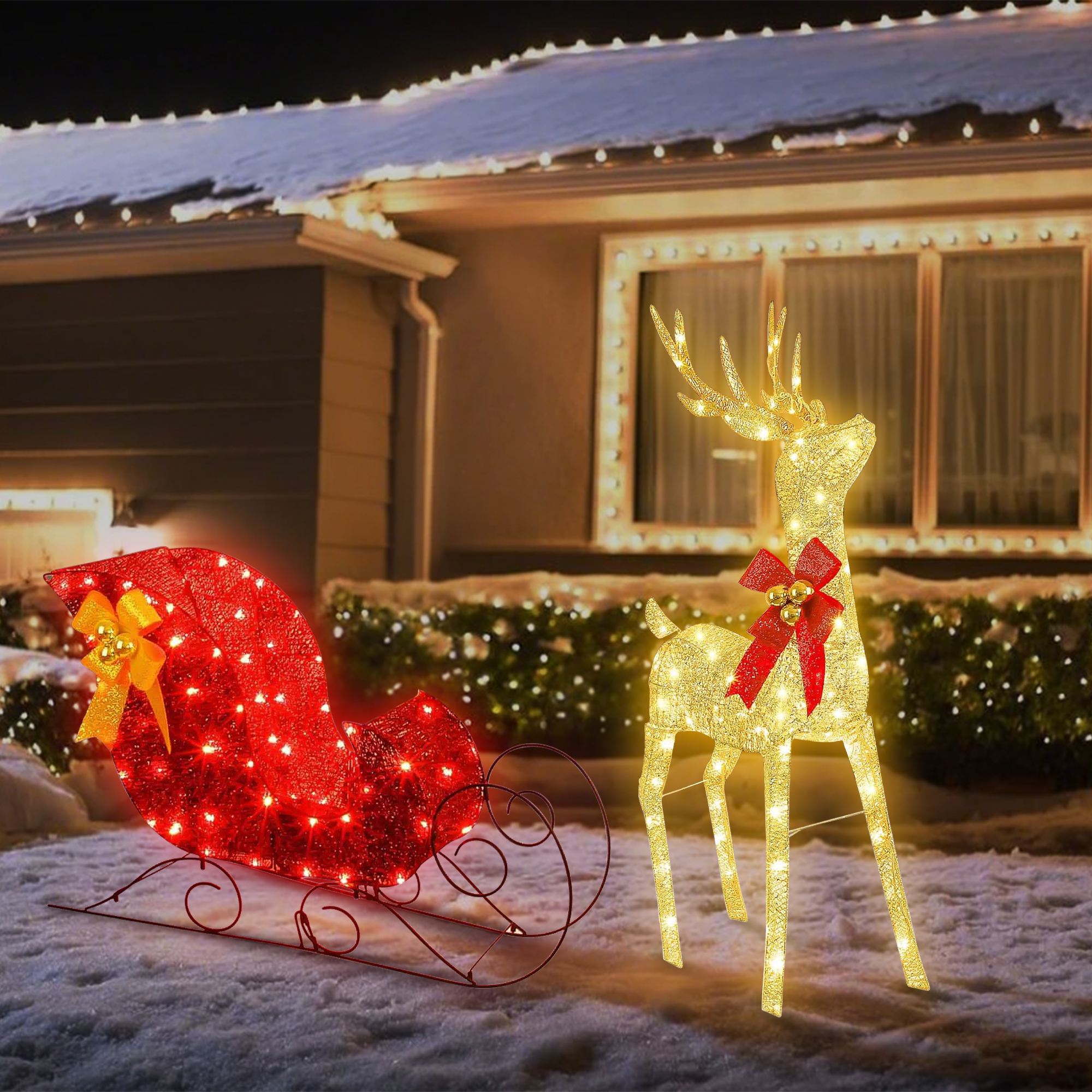 Beleuchtetes Weihnachtsrentier- und Schlitten-Set – LED-Außendekoration für festliche Gartenanzeigen und Weihnachtswunderland-Szenen