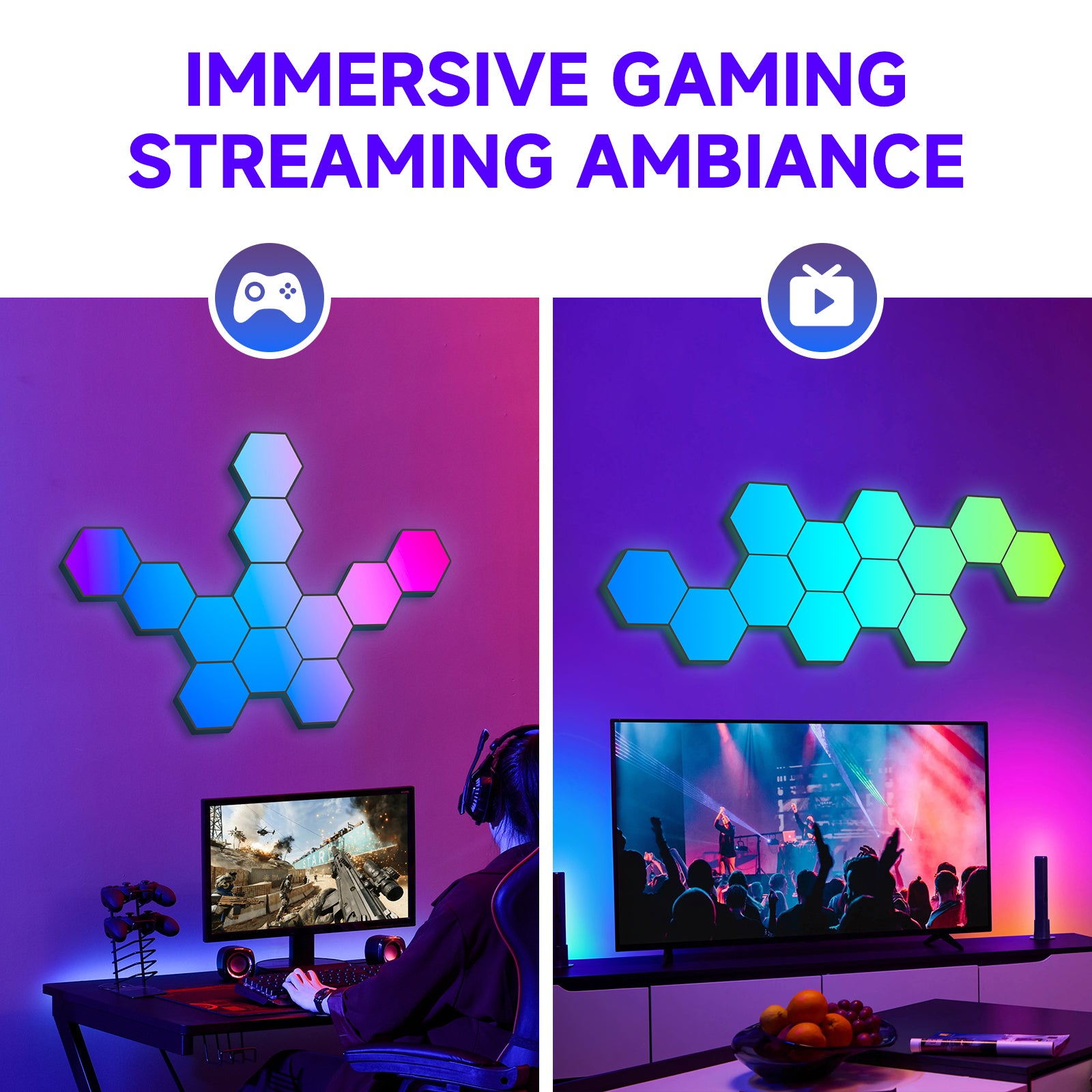 Panneaux lumineux hexagonaux, lumières LED hexagonales RGB synchronisées avec la musique, lumières de jeu avec application et télécommande pour la décoration intérieure de jeu.