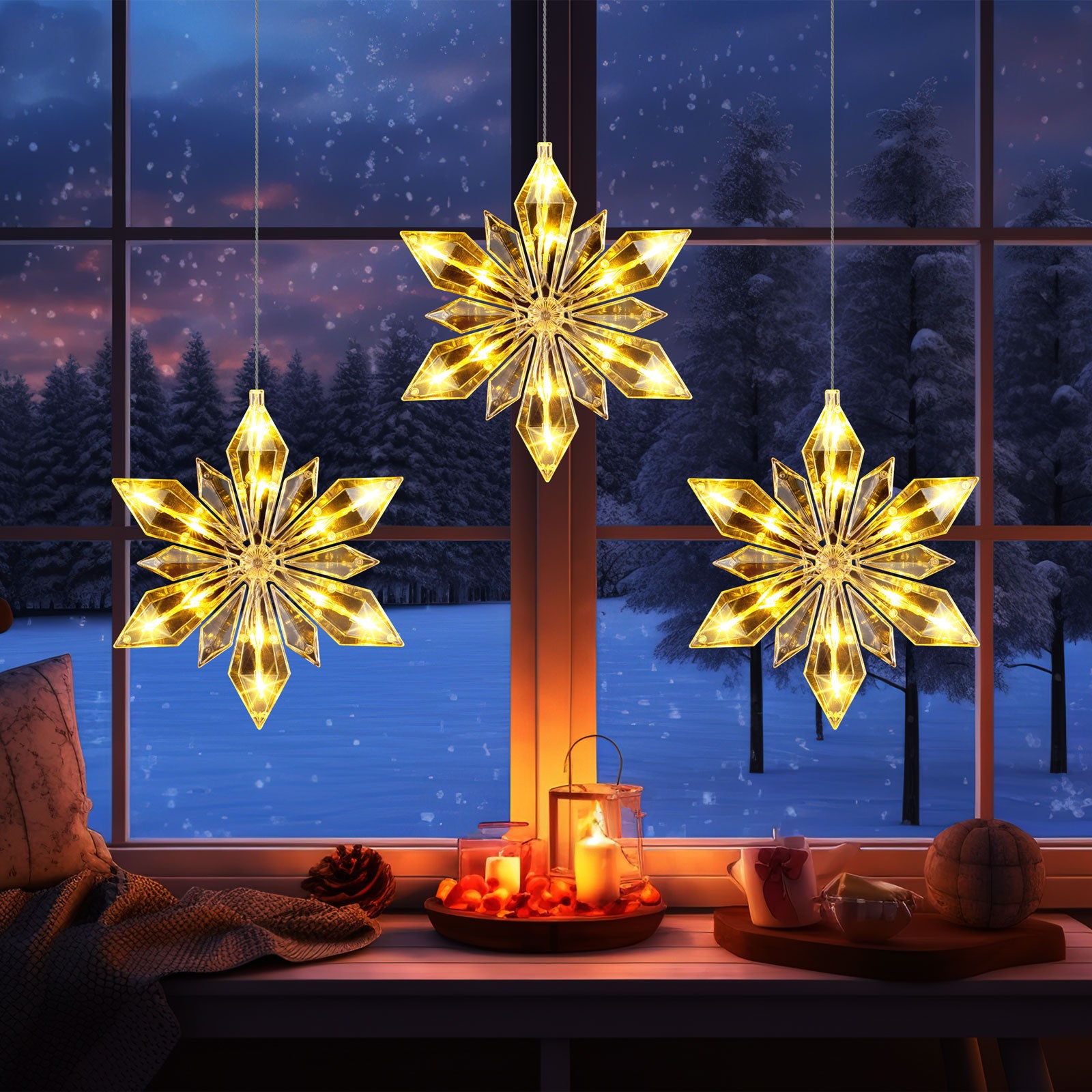 Quntis 34" Weihnachts-Schneeflocken Fensterlichter – 3er Pack, batteriebetrieben, 36 LEDs mit Timer & 8 Funkelmodi für die winterliche Innendekoration