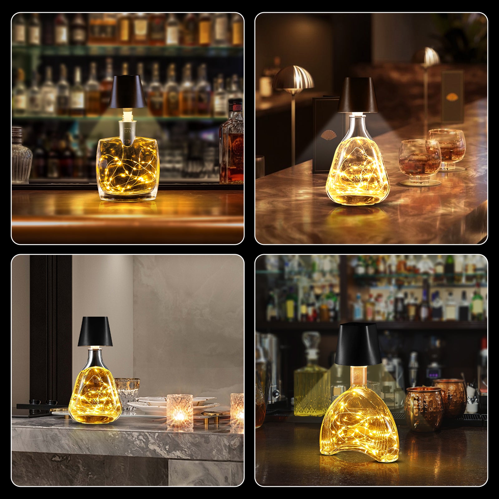 Quntis Cordless Bottle Lamp, Rechargeable LED Wine Bottle Light, Touch Bottle Table Lamp with 2M 40 LED Copper Wire, 3 Color Temperatures Dimming Dining Bar Light for Bedrooms Restaurants Bars