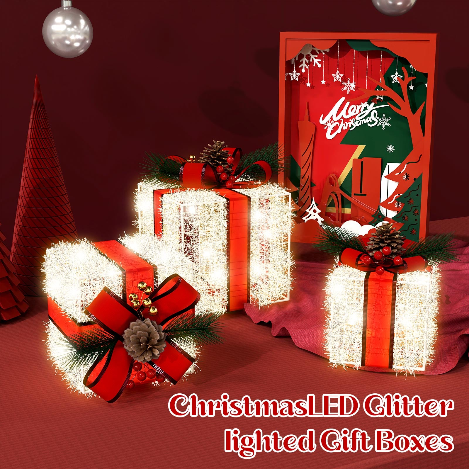Christmas Lighted Boxes Decorations, Quntis 8 Modes 3 Lighted Boxes with Plug, Bows, Pine Cones, Gift Boxes Christmas Decorations for Christmas Tree Indoor/Outdoor